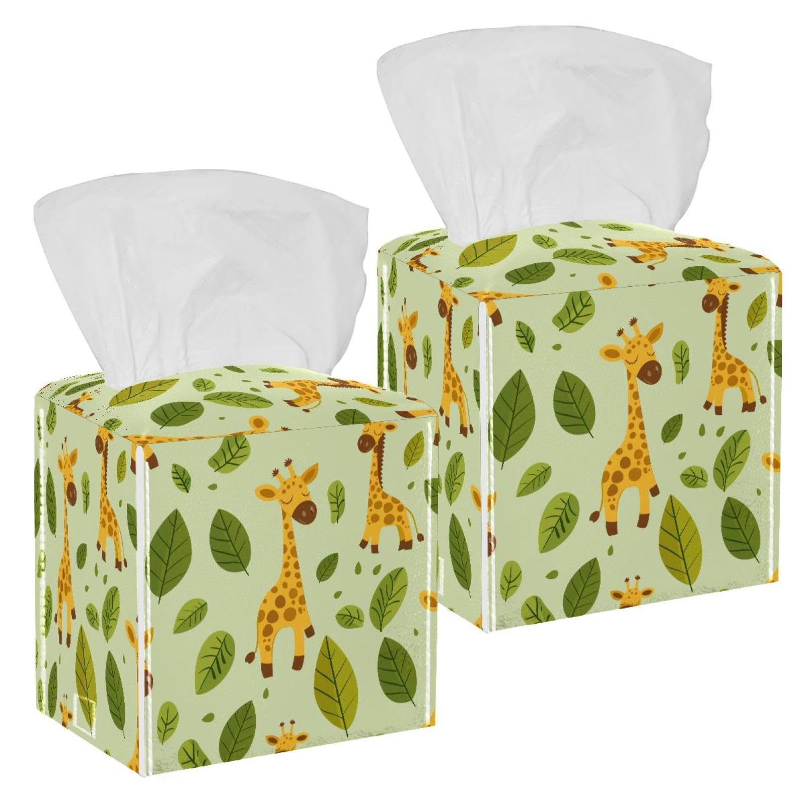 Giraffe Tissue Box Cover, 2 Pack PU Leather Square Facial Tissue Dispenser Box holder for Home Office Car
