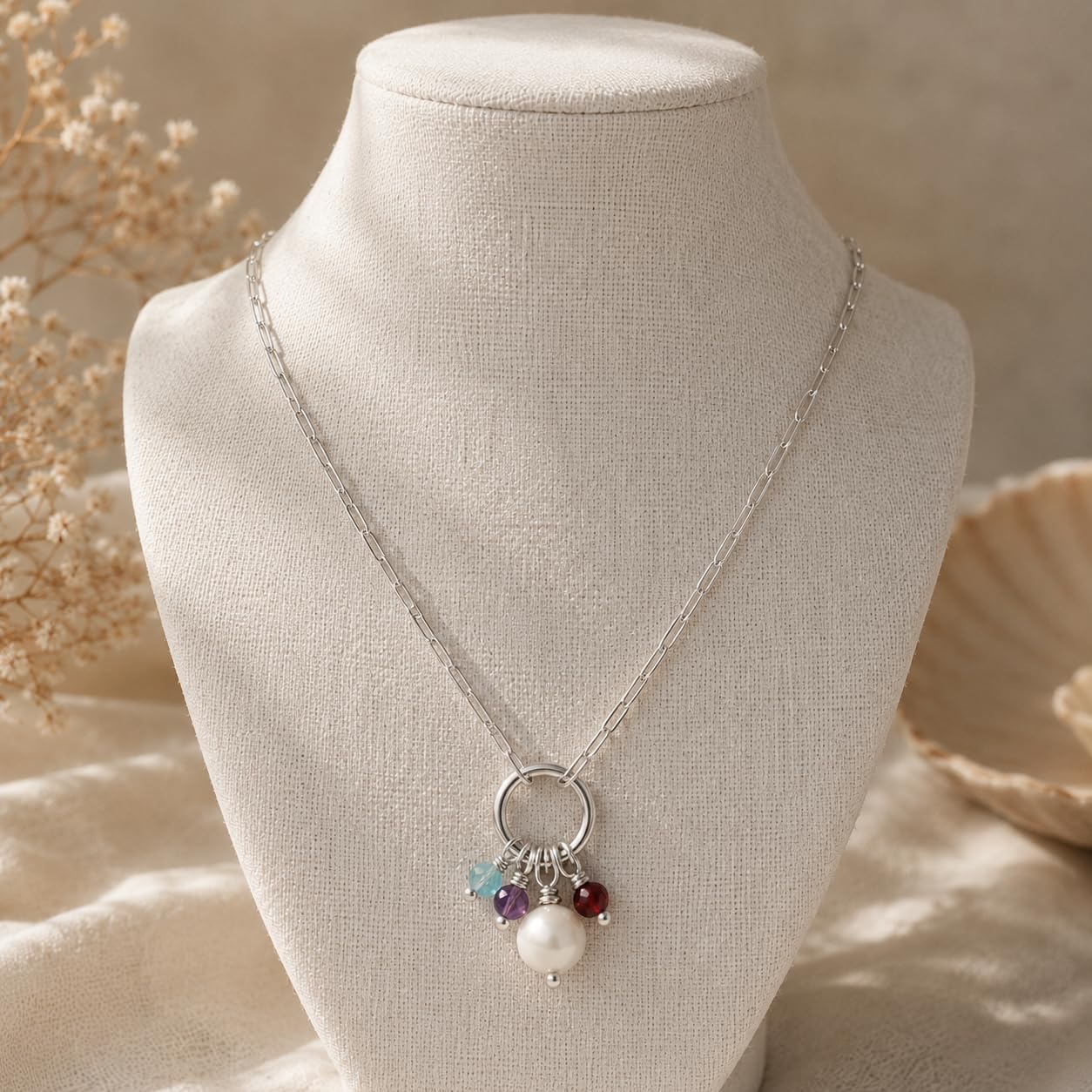 Collar Mujer Plata de Ley Verificada, Cadena de Eslabones Diamantada con Cierre de Anilla Porta Colgante de Piedras Semipreciosas Naturales, Regalo Mujer