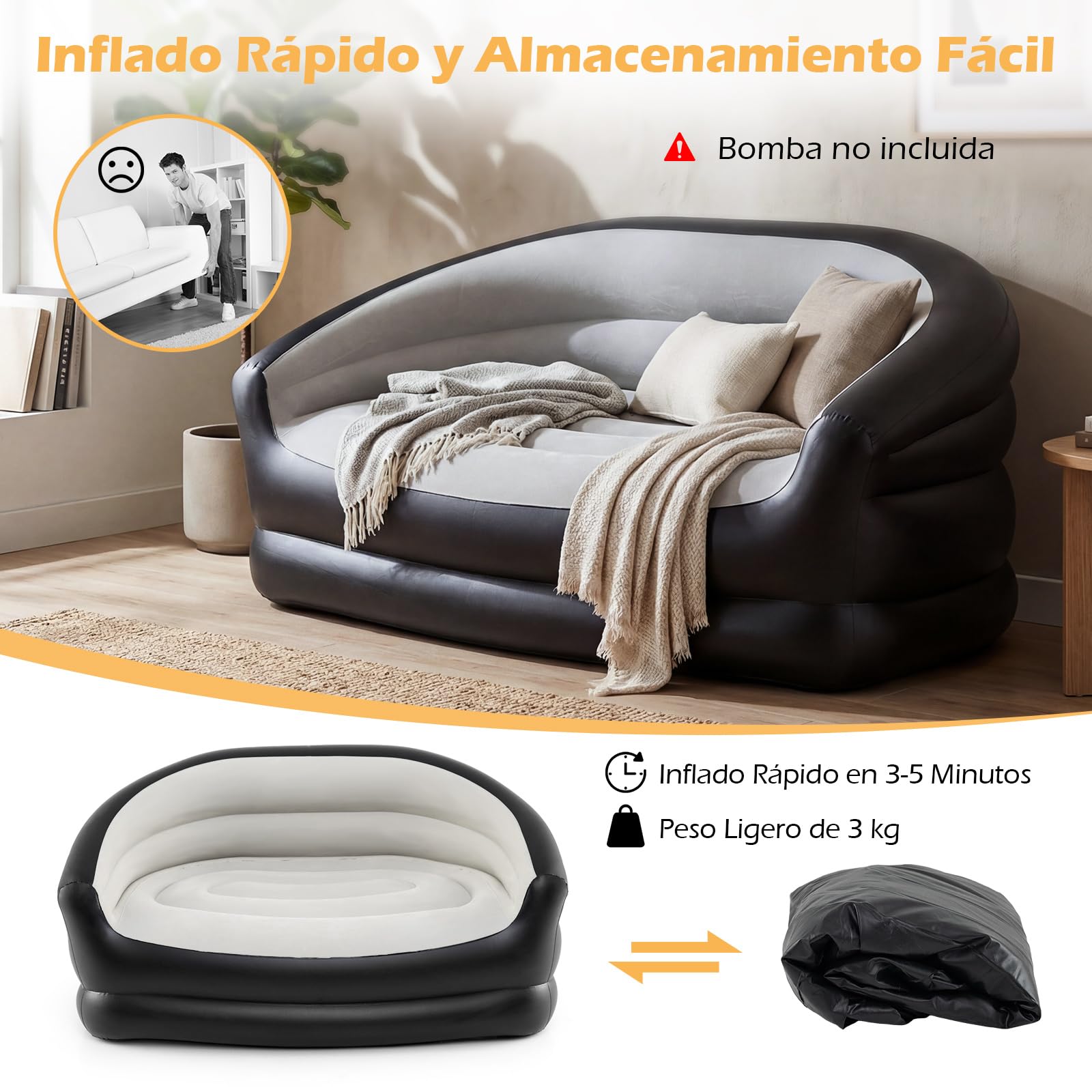 COSTWAY Conjunto Sofás Hinchables, 1 Sofá de 2 Plazas + 1 Sofá con Otomana, Sofás Portátiles para Adultos con Superficie Flocada, Sillones Inflables para Exterior Interior Camping Viajes,Sin Bomba