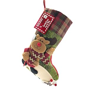 ETERAMUS 21 inch Plaid Christmas Stockings Deer, Bear, Animal One Piece, Felt Large Plush 3D Reindeer Snowman Design Hanging Stocking for Girls Boys Xmas Tree Mantel Party Decor (Green)