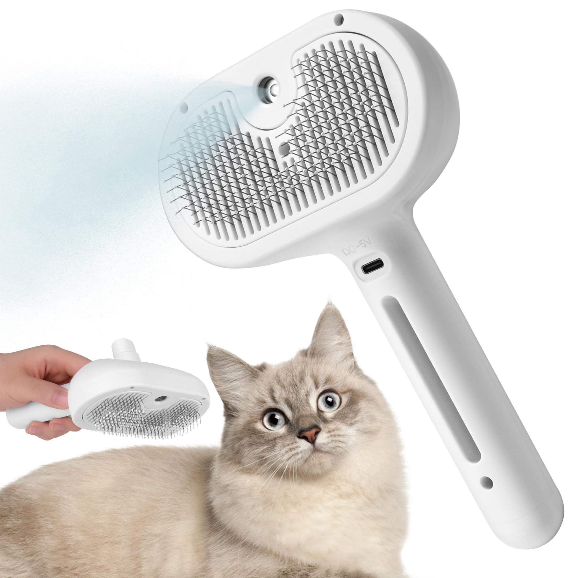 PetInn Peine Mascotas con Spray, Cepillos Gatos Perros con Typc-C, Peine Perro Depilación en un Clic，Cepillo Perro Aseo Más Suave - Blanco - Accesorios Mascotas