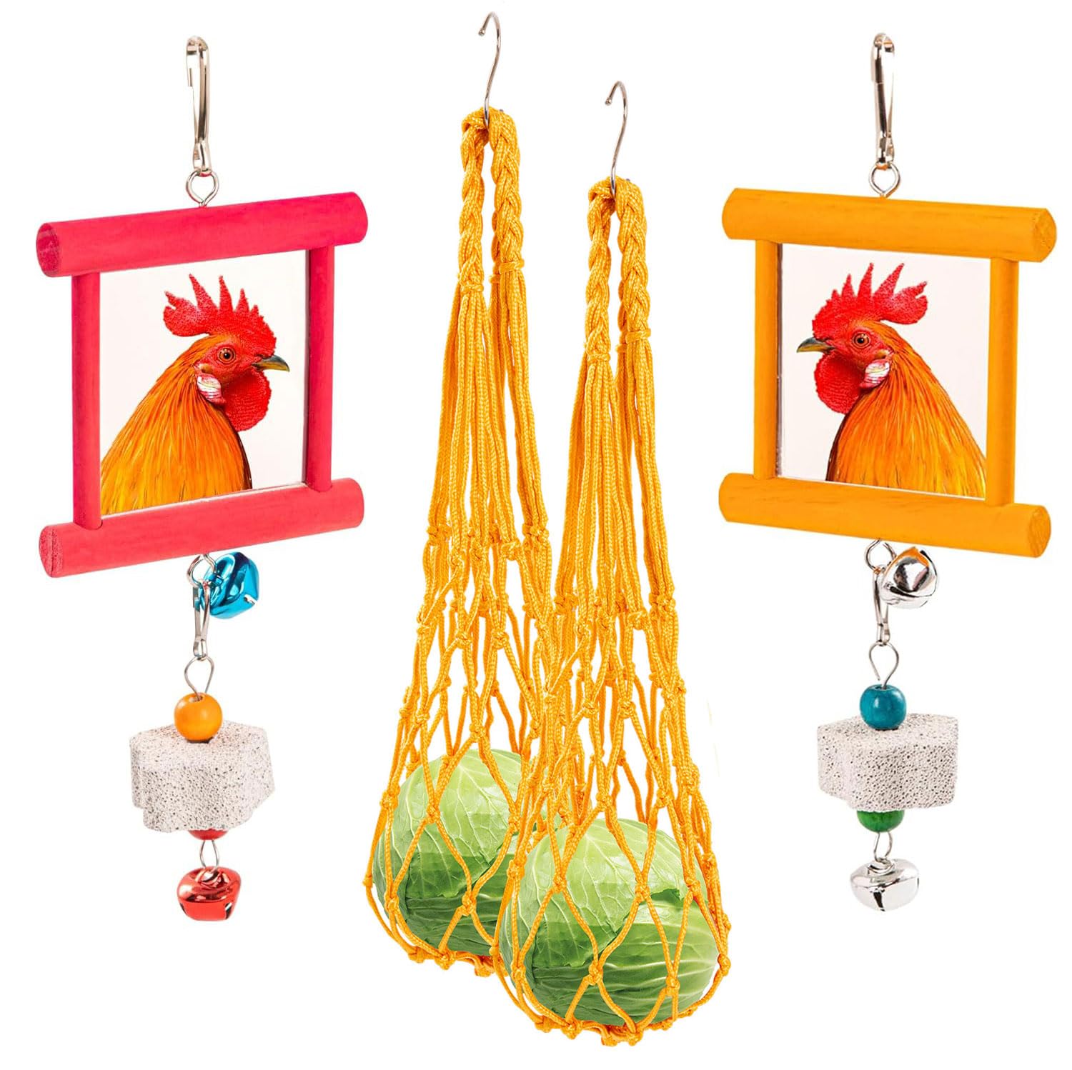 Photo 1 of RLRICH 6 PCS Chicken Toys for Coop, Hanging Swing Mirror with Bells Chicken Vegetable Cabbage Feeder for Hens Goose Duck, Chick Beak Grinding Calcium Stone Chewing Toy Chicken Coop Accessories