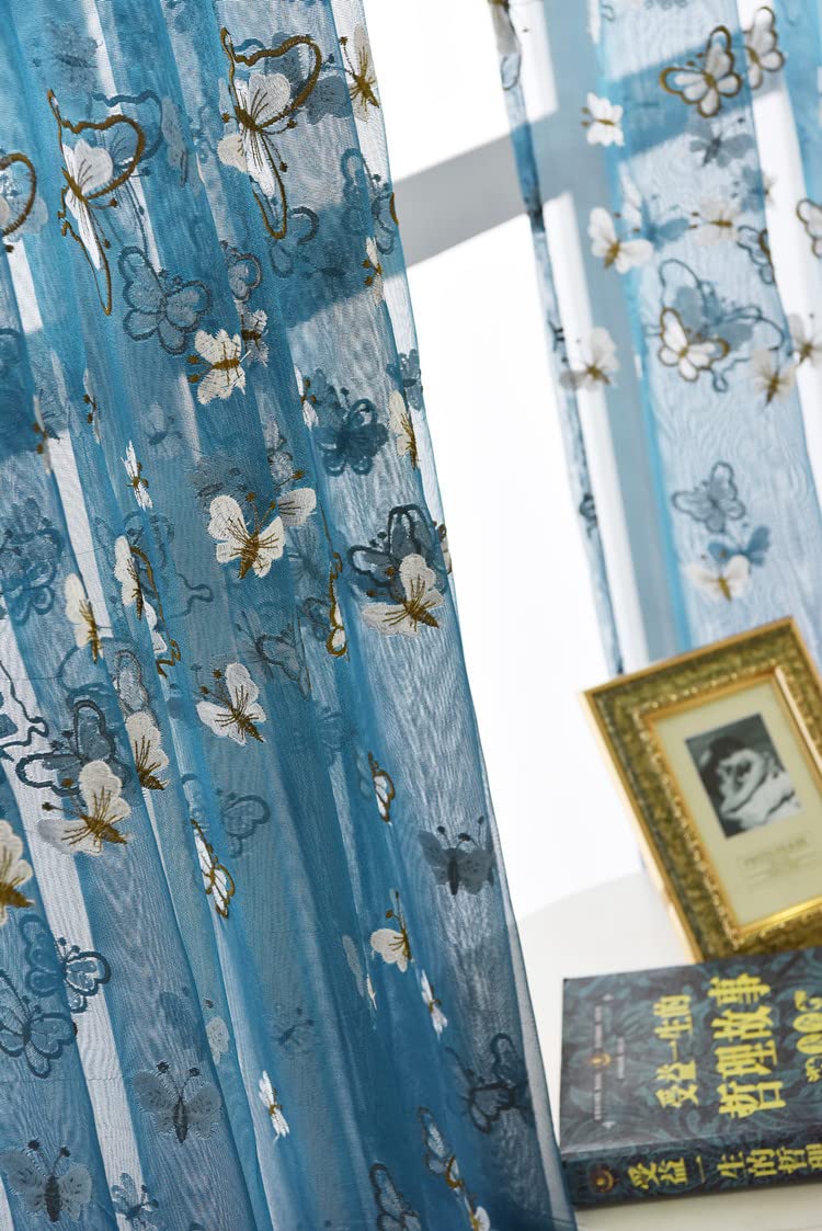 HooHero Sheer Curtain Gauze Tulle Blue Butterfly Embroidery