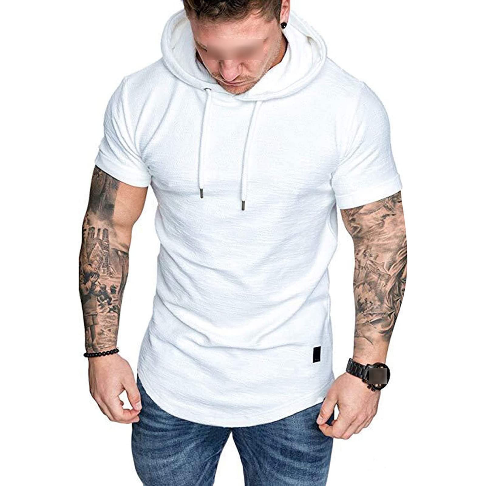 Maiyifu-GJ Men's Short Sleeve Athletic Hoodie Lightweight Workout Hooded T-Shirts Solid Color Slim Fit Pullover Sweatshirt (White,X-Large)