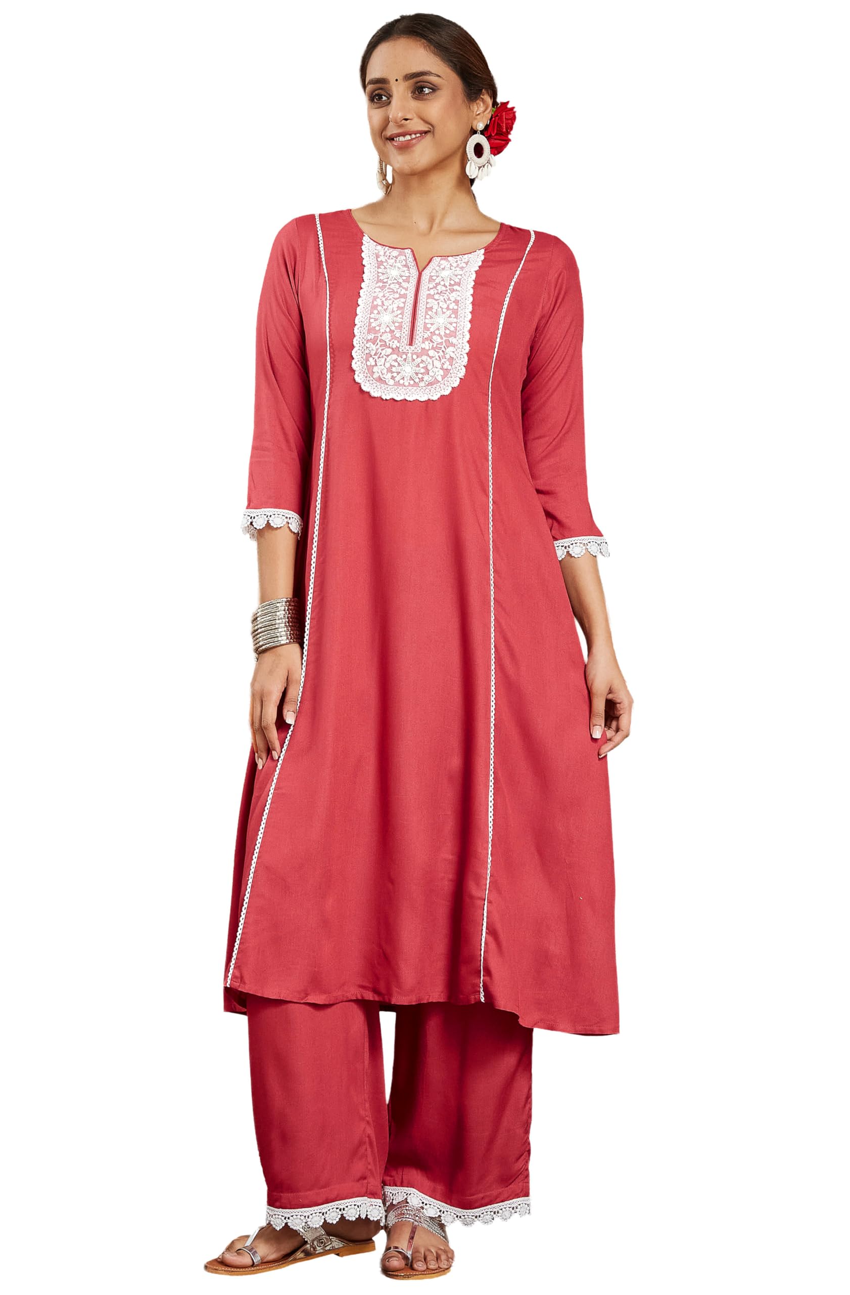 janasya Women's Rust Rayon Yoke Embroidered A-line Kurta with Palazzo Set-picture-37