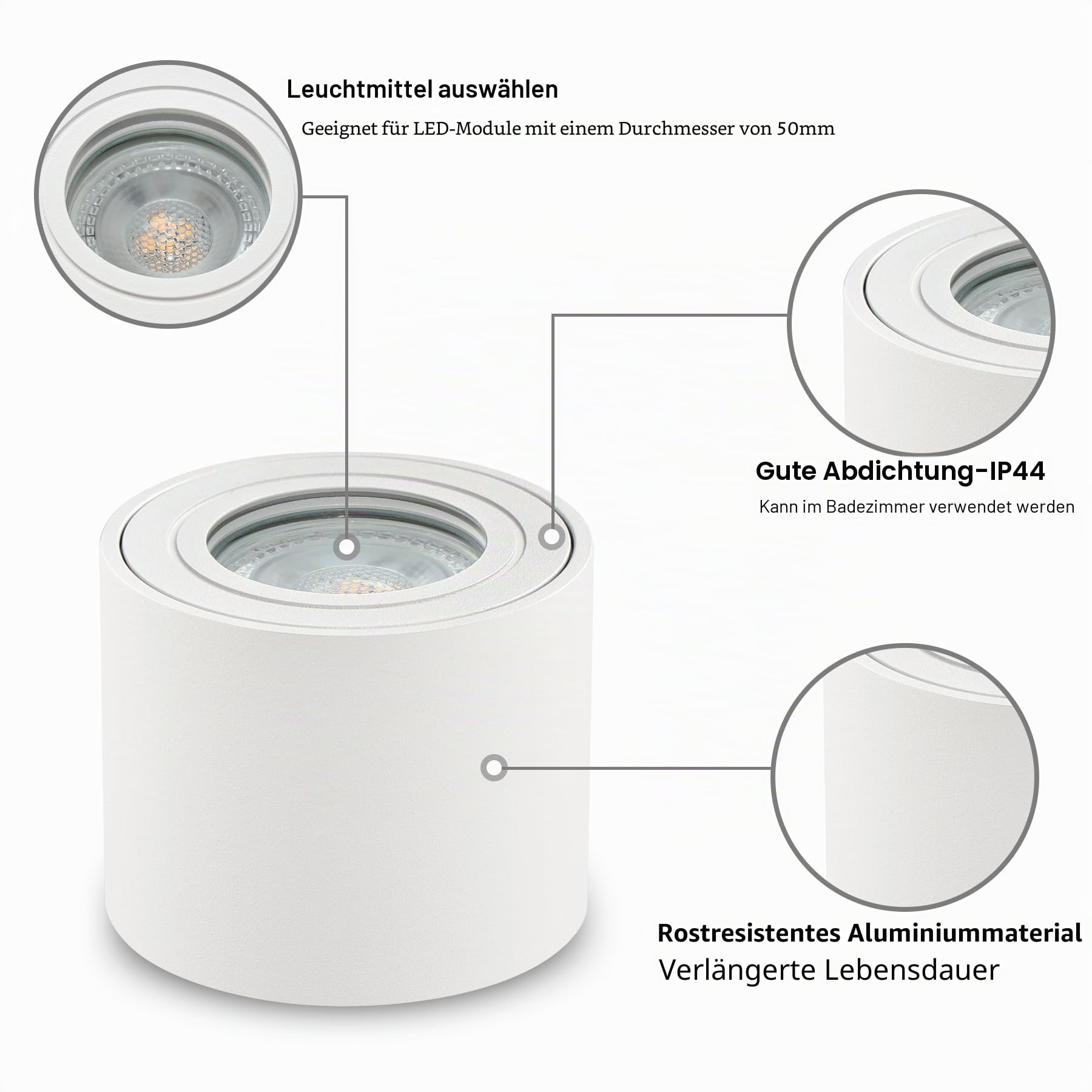 KYOTECH LED Aufbauspot flach IP44 Weiß Aufputz Deckenleuchte Ø80x65mm für LED Module 230V Aufbauleuchte Downlight Runde Wasserschutz für Bad & Außen 4 Stück ohne Leuchtmittel