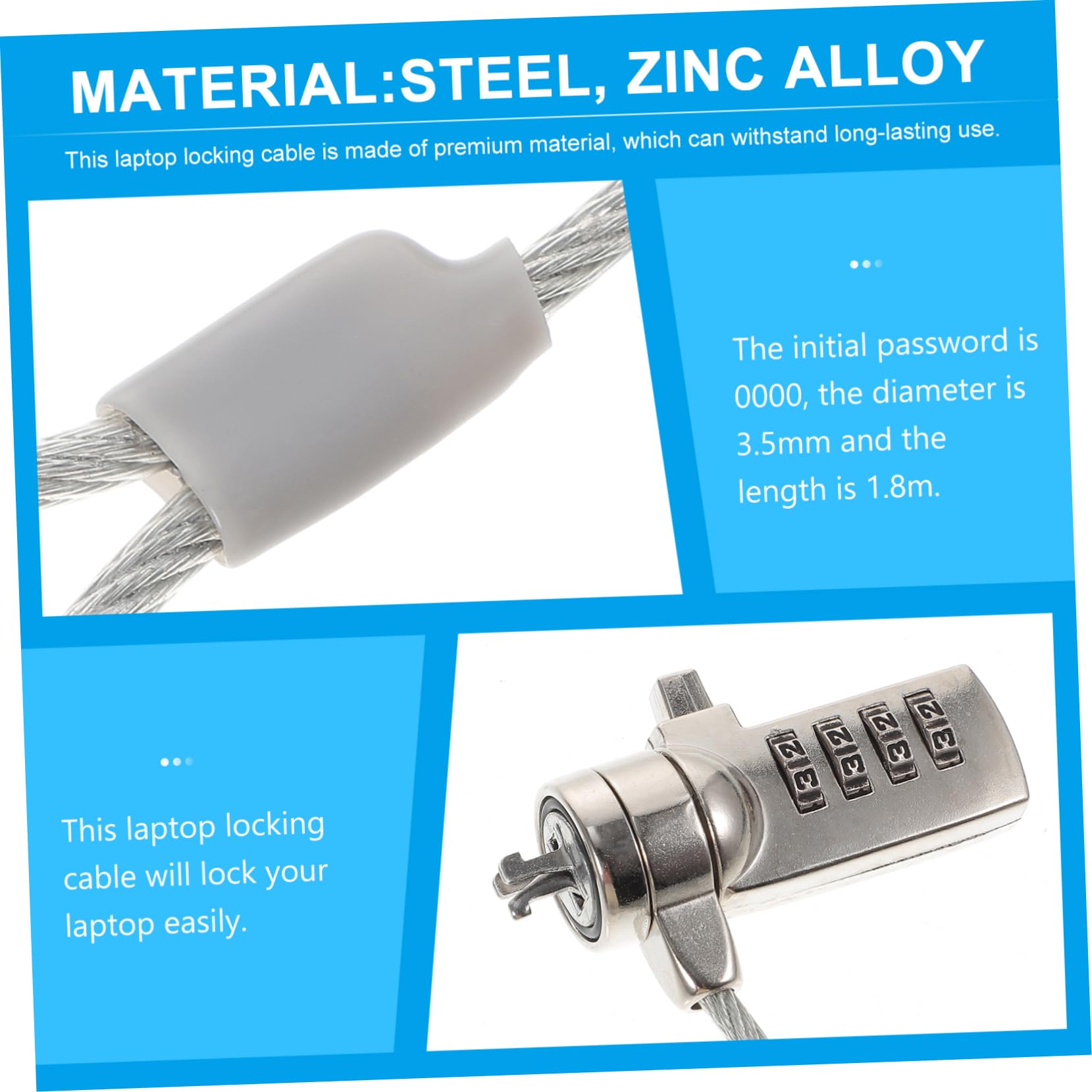 KICHOUSE 1.8m Laptop Locking Cable Security Lock -Theft Device for Tablets Laptops Resettable Code Cable for Home Use