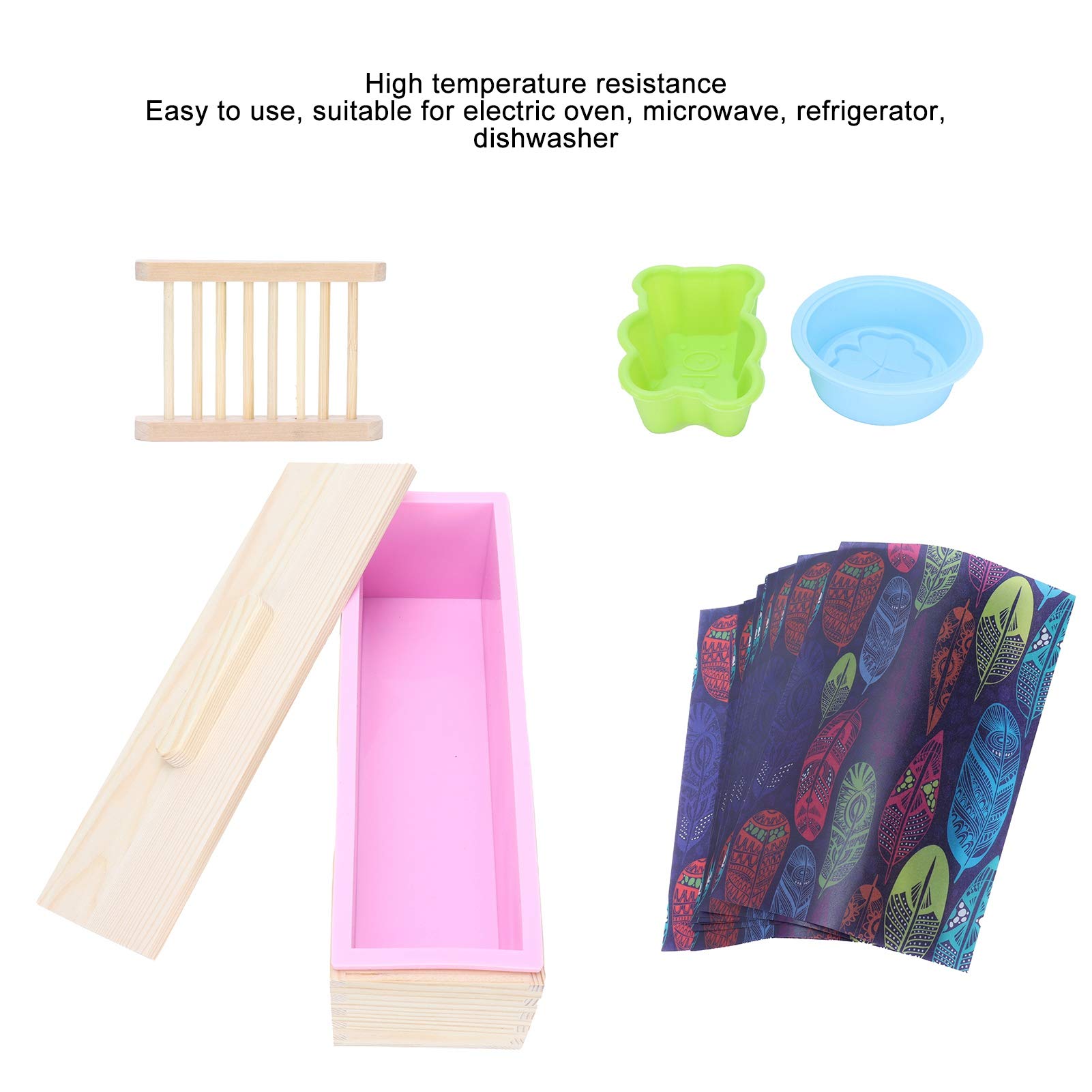 Juego de moldes de silicona para jabón DIY con rejilla para jabón en caja de madera y papel de regalo para jabón y horneado (Rosa)