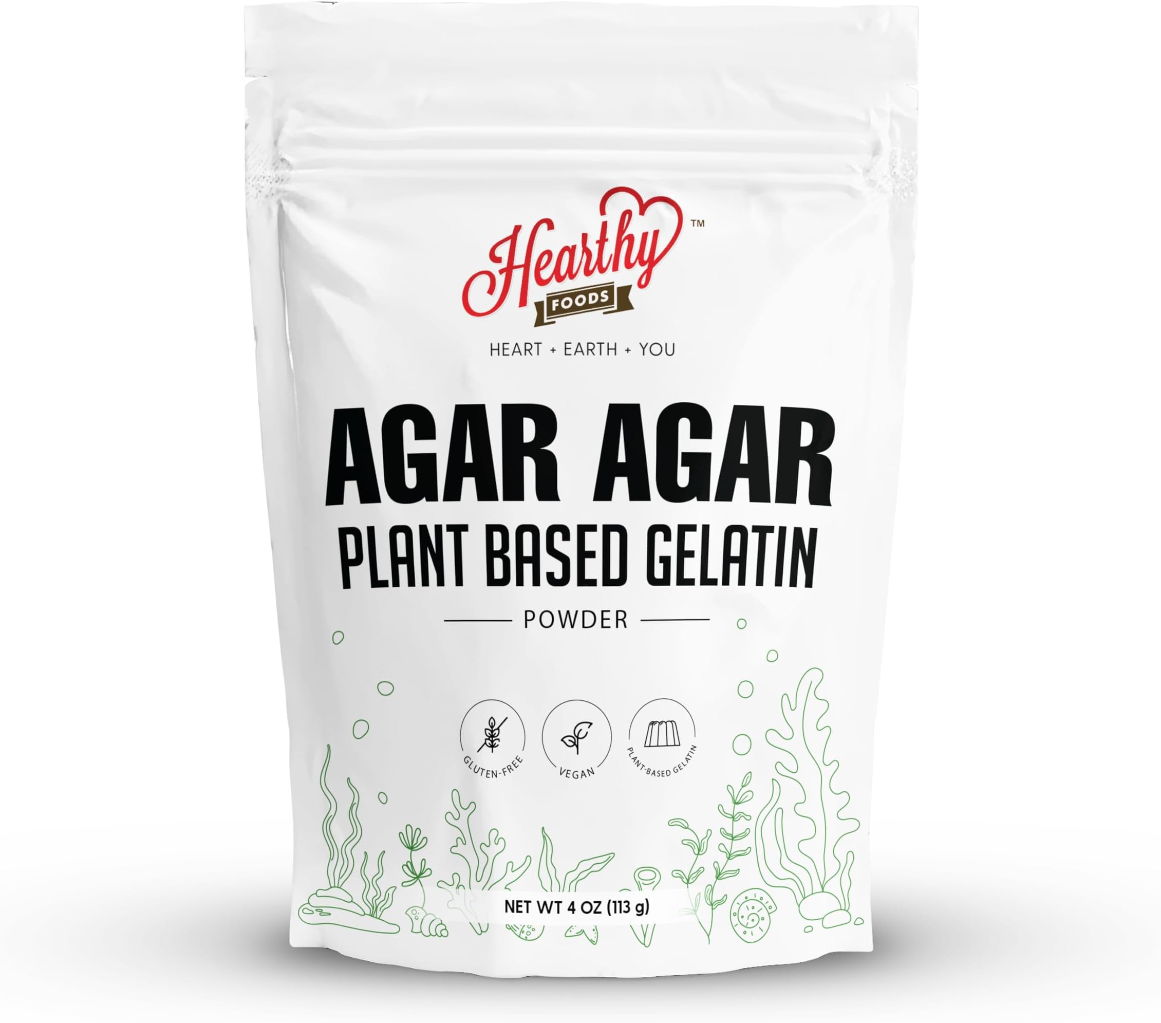 Hearthy Foods Agar Agar Powder (4oz) Vegan Gelatin Substitute, Certified Halal, Kosher, Gluten-free, Non-GMO, 100%, Sugar-free, Kosher, Halal, Desserts, 100% Natural Red Algae