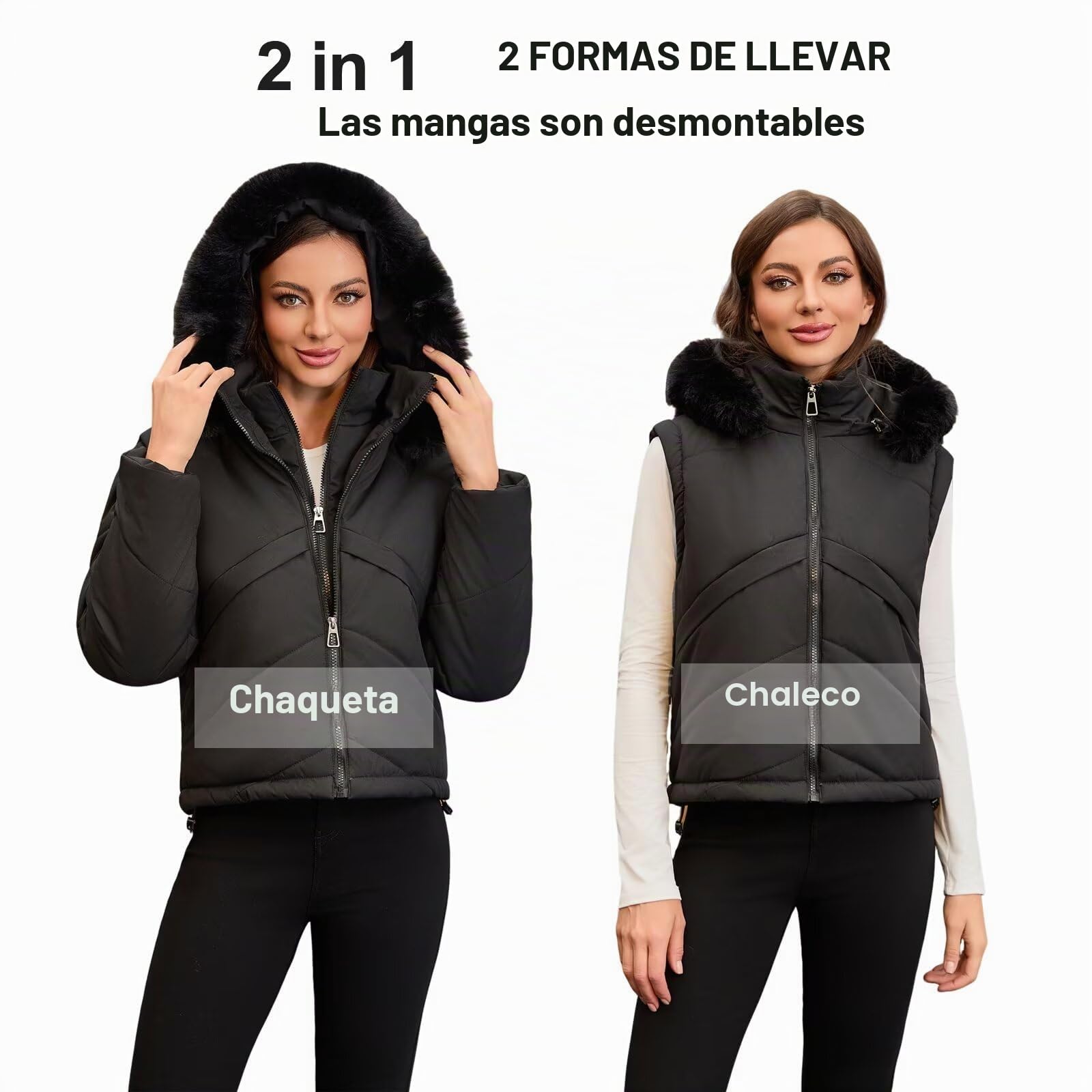 Chaquetas ligeras de invierno para mujer 2 en 1 Chaleco acolchado sin mangas corto Abrigo acolchado con capucha para mujer