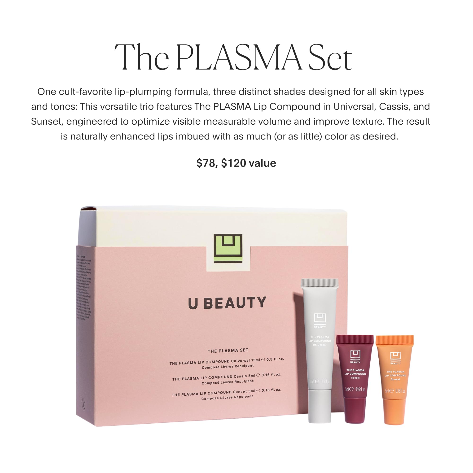 U Beauty The PLASMA - Rossetto colorato per labbra, anti-invecchiamento e antirughe, acido ialuronico, burro di karitè e peptidi per idratazione e rimpolpamento, 3 tonalità, 15 ml