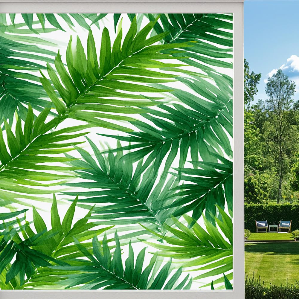Natural Palm Leaves Stained Glass Window Film, Tropical Green Leaf Peel and Stick Privacy Film, Frosted Adhesive Vinyl Decorative for Bathroom Windows Glass Doors, （50x100cm）