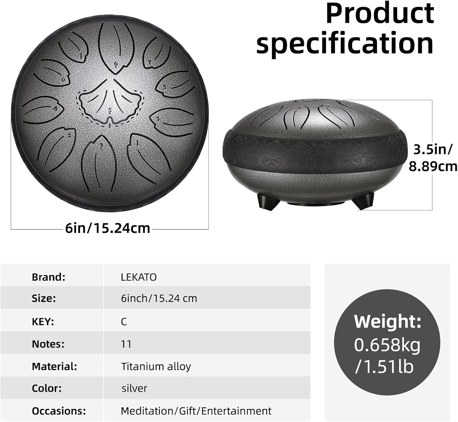 LEKATO Steel Tongue Drum 6 Inch 11 Notes, Rain Drum Healing Sound Beginner Handpan Drum for Meditation Yoga Musical Education,Sliver