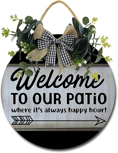 Miniatura 6 de Letrero de bienvenida a nuestro porche para puerta delantera, coronas divertidas colgantes de placa de madera, decoración redonda de madera rústica,