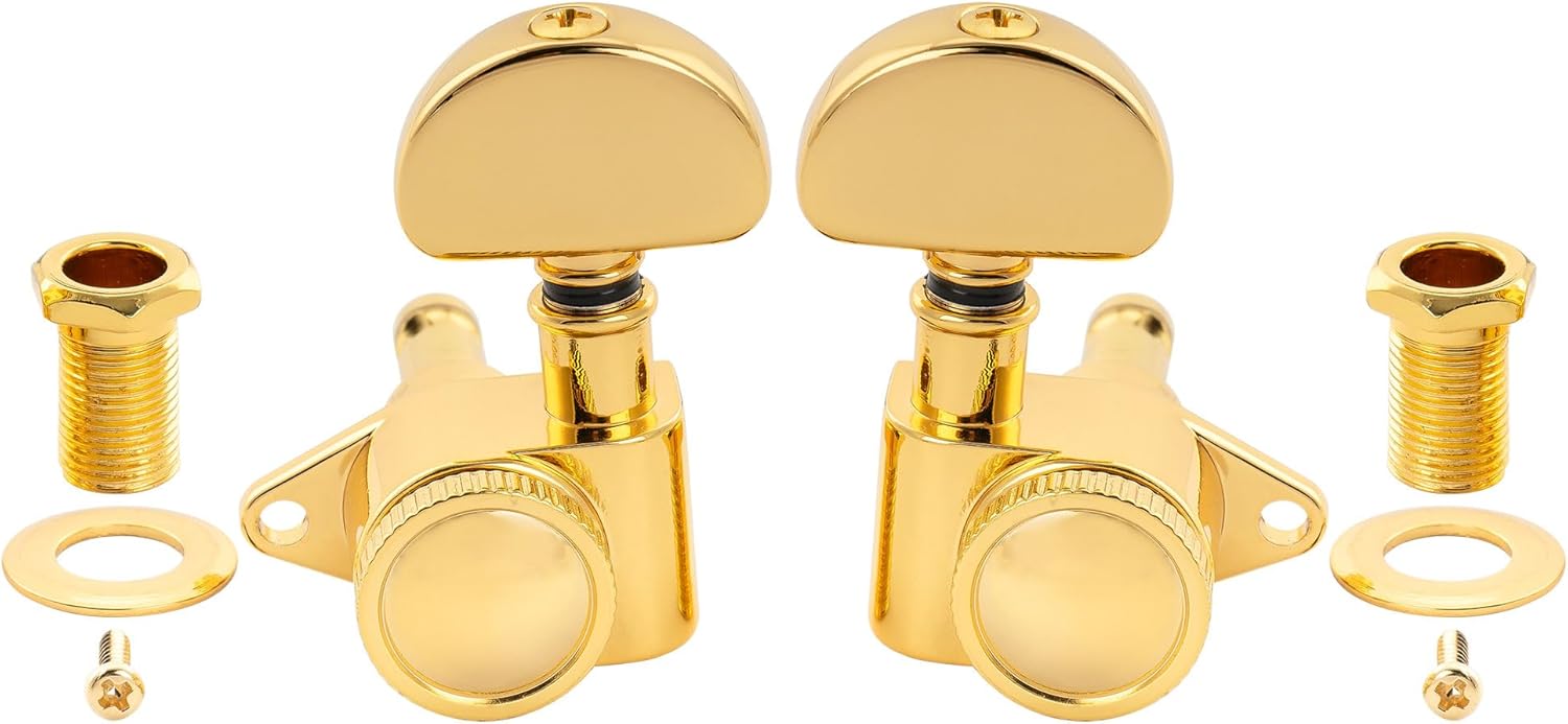 Musiclily Pro R18K 3R3L 18:1 Ratio Full Sealed Locking Machine Heads Tuners Tuning Pegs Keys with Half Moon Button for Acoustic Electric Guitar, Gold
