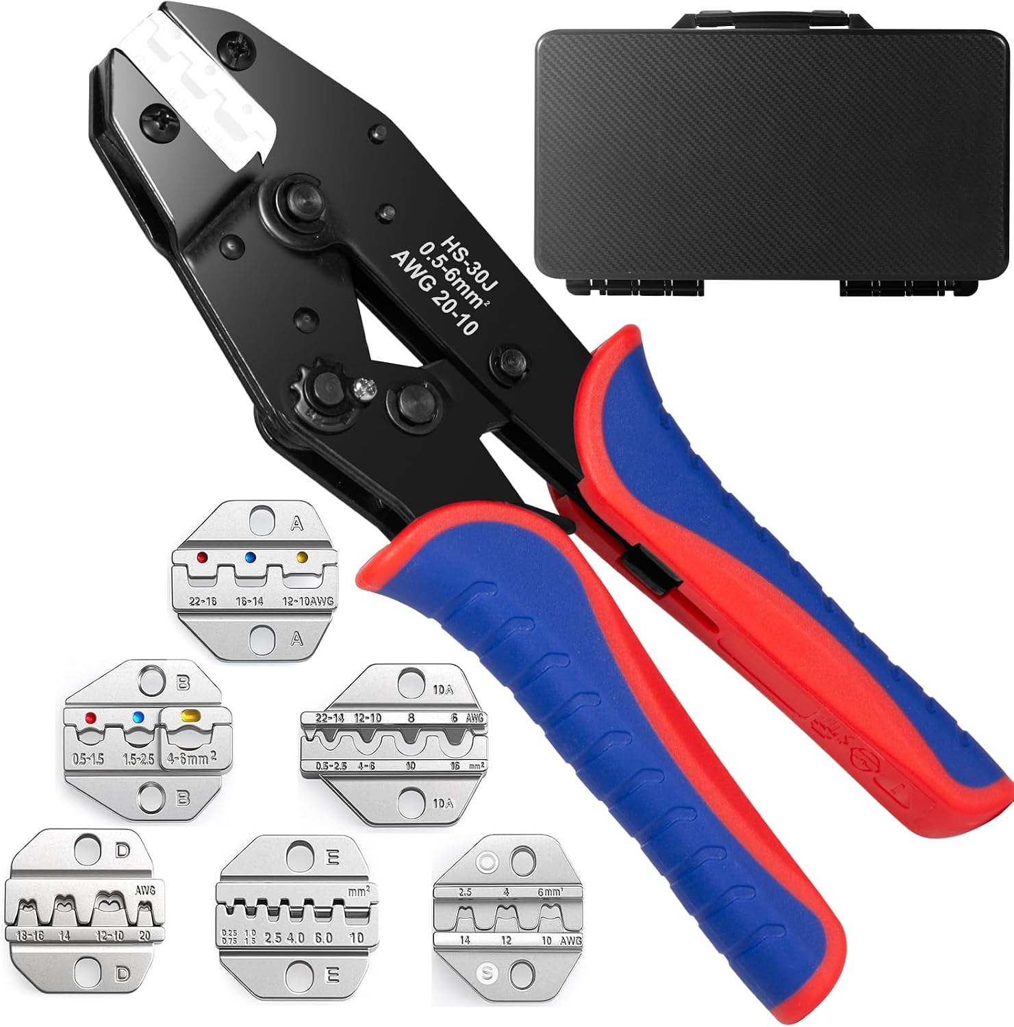 6PCS Crimping Tool Set, Ratchet Wire Crimper for Heat Shrink, Wire End Ferrules, Cable Lugs/Insulated/Non-Insulated/Open Barrel Terminals, Solar Connectors, Crimper with 6 Interchangeable Die