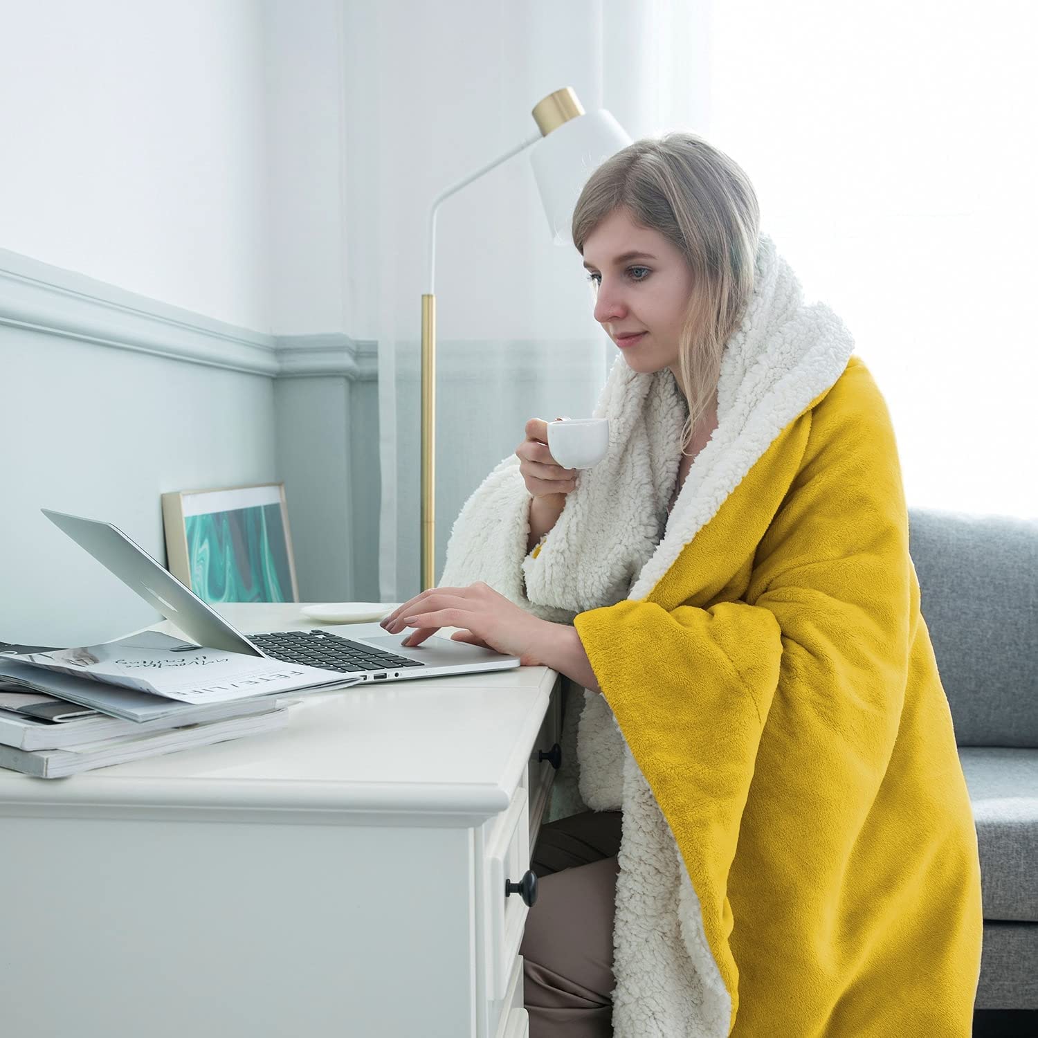 Imperial Rooms Sherpa Fleece Blanket Bed Throws Blankets For Sofas Soft Fluffy Thick Blanket Reversible Microfiber Throw (Ochre - Image 3