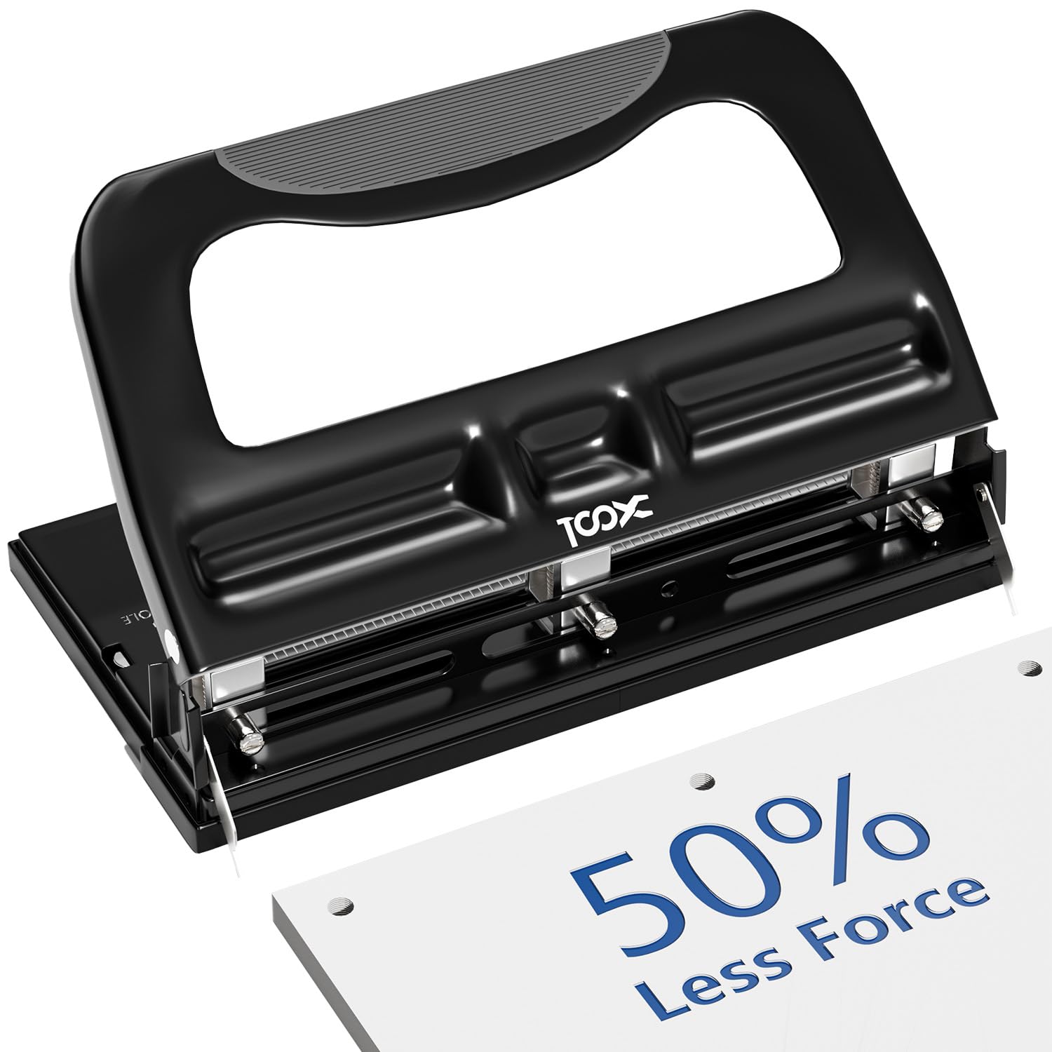 XOOL 3 Hole Punch, Heavy Duty Metal Hole Puncher for 2 or 3 Holes, 9/32" 7mm Hole Diameter, 40-Sheet Capacity, Adjustable Hole Spacing, Non-Slip Base for Office & School