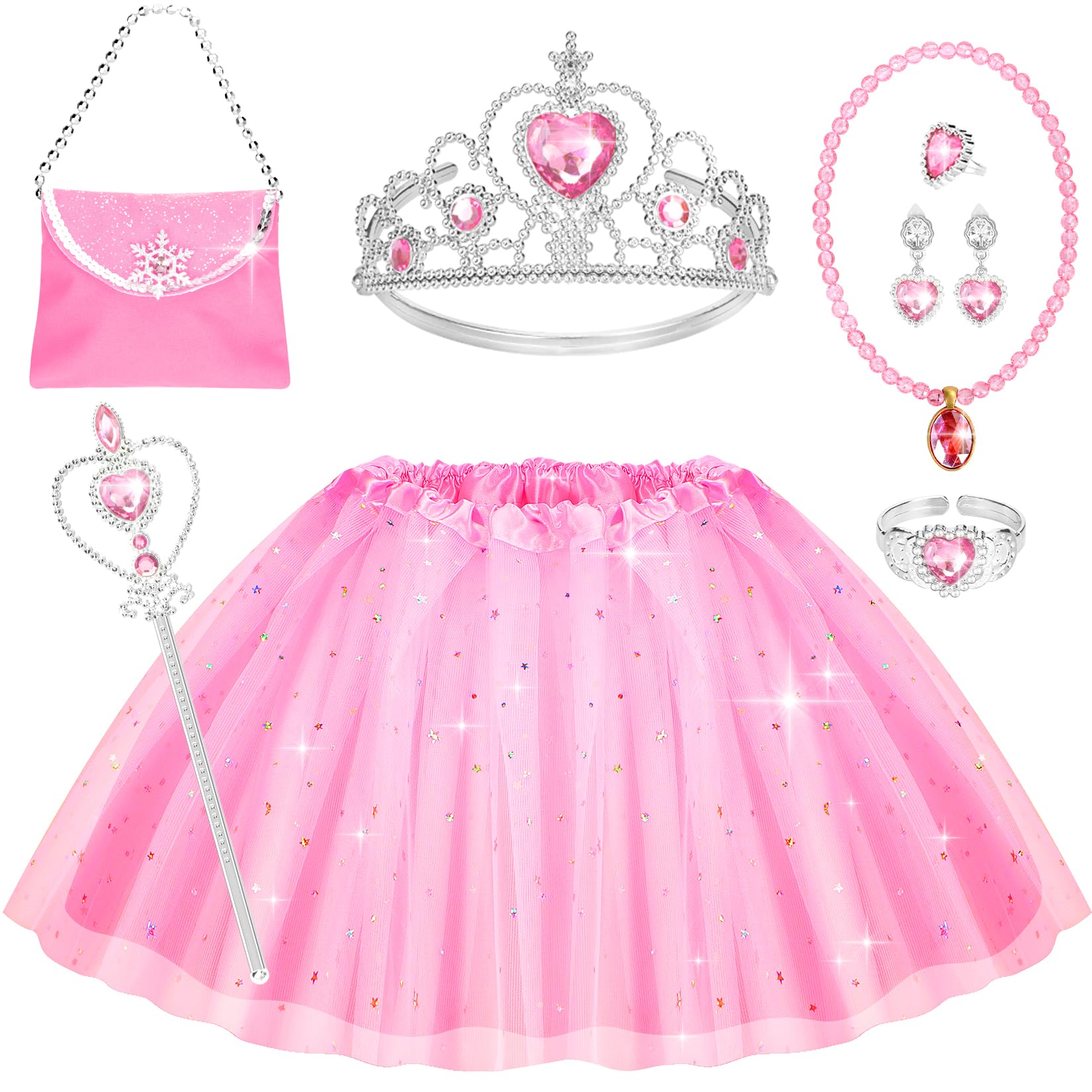 Princess Dress Up Accessories 8PCS Princess Crown Wand Necklace Earrings Bracelet Ring Pink Tutus and Handbag for Halloween Birthday Party Dress up 3-8 Years