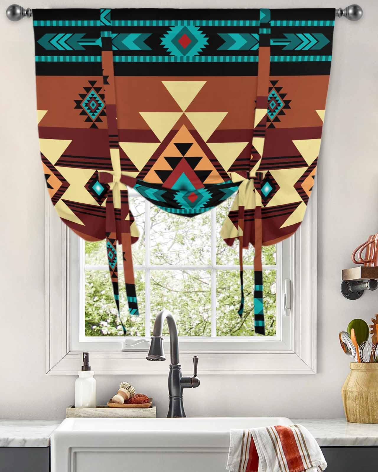 Turquoise Red Tie Up Curtains for Windows 45 Inch Length Balloon Curtains Kitchen Adjustable Balloon Window Shade Southwest American Native Abstract Pattern Tie Up Bathroom Curtain Window 52