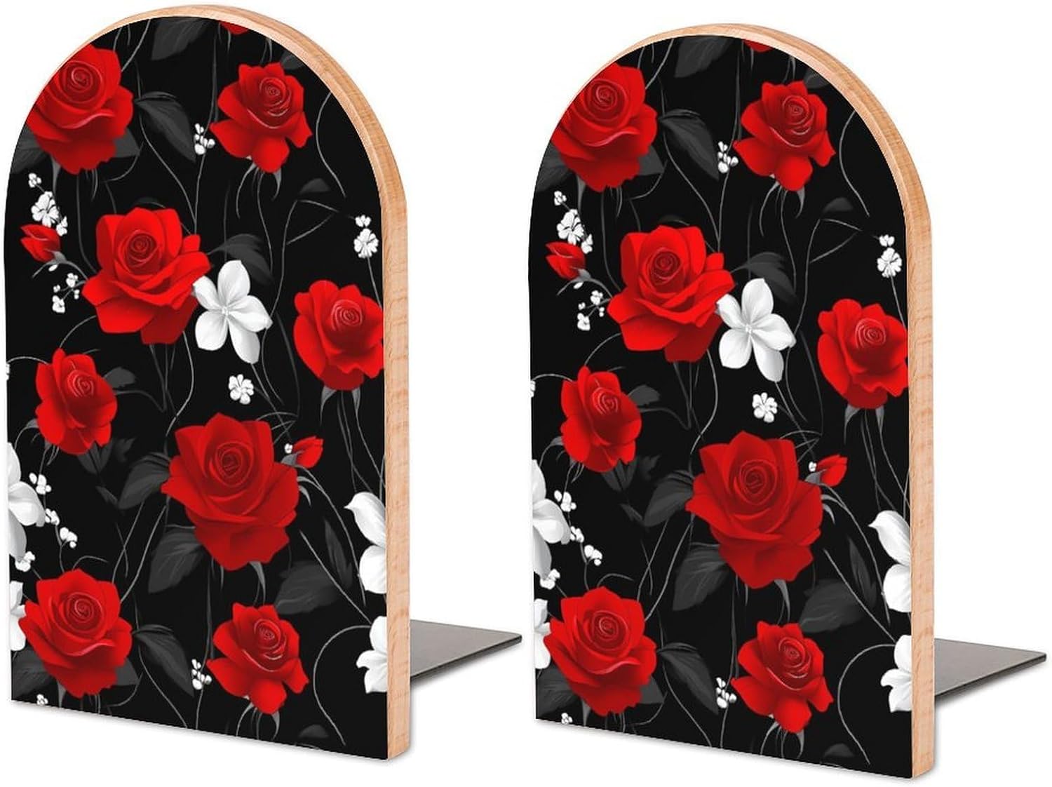 Red Rose Decorative Bookends for Shelves Wood 1 Pair Book Stands for Desk Home Office