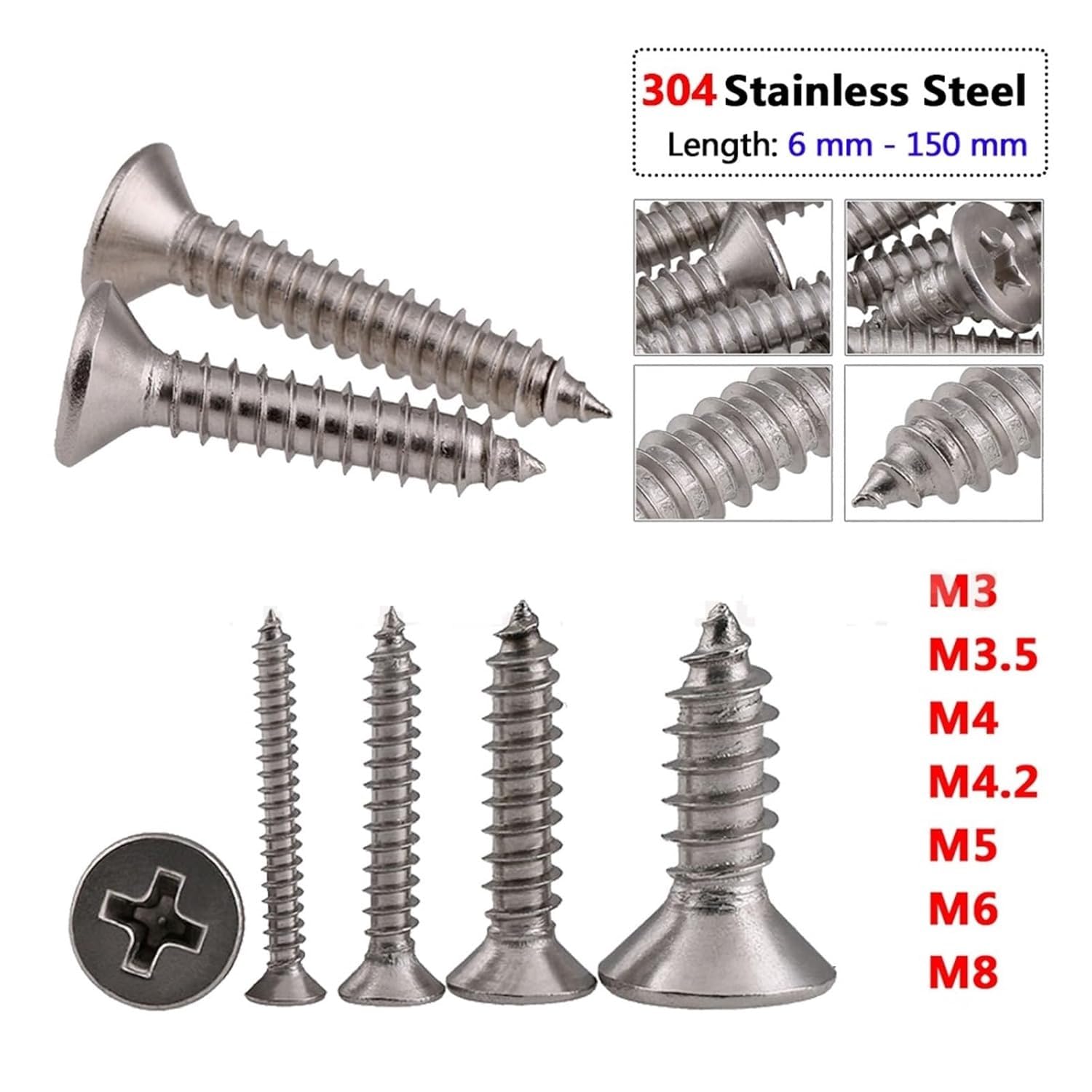 Viti autofilettanti a Testa Piatta Phillips, M3 M3.5 M4 M4.2 M5 M6 M8 KA Testa Svasata Piatta Viti Autofilettanti for Legno Croce Phillips Bulloni 6mm-150mm A2 304 in Acciaio Inox(10mm/M6)