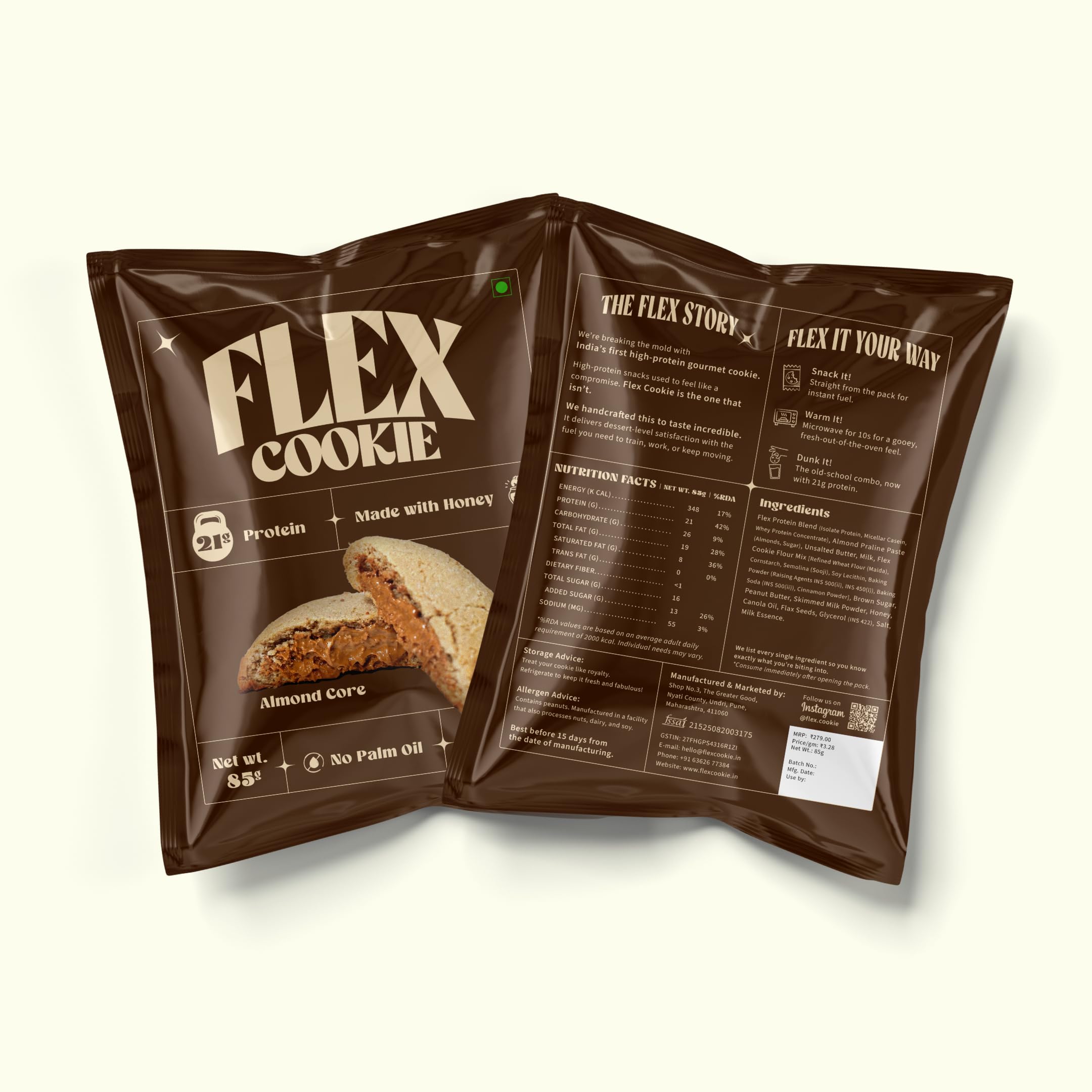 FLEX Protein Cookie 85g – 21g Protein Soft Baked Cookie Almond Core – High Protein Snack for Gym Fitness & Healthy Nutrition – Pack of 1-image-14