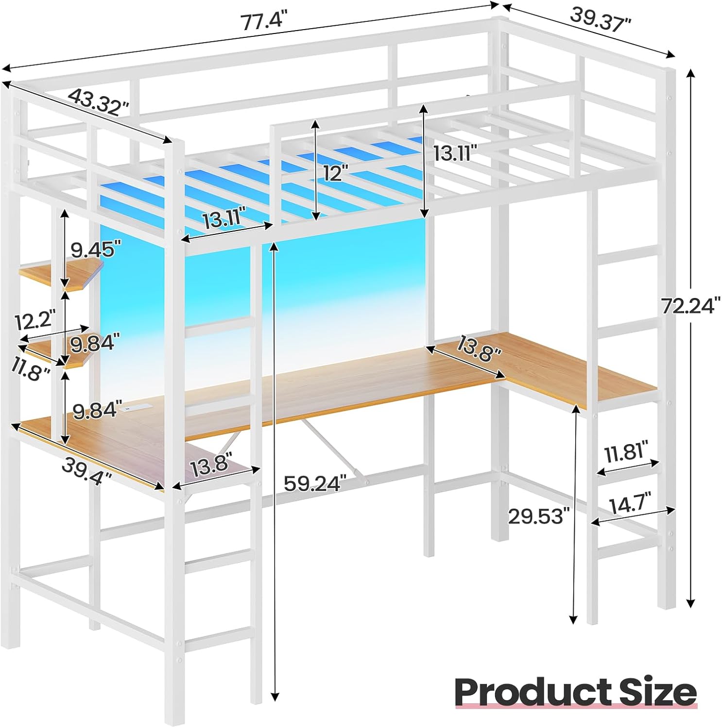 Diagram showing the dimensions of the Hasuit Twin Size Loft Bed with Desk U-Shaped.