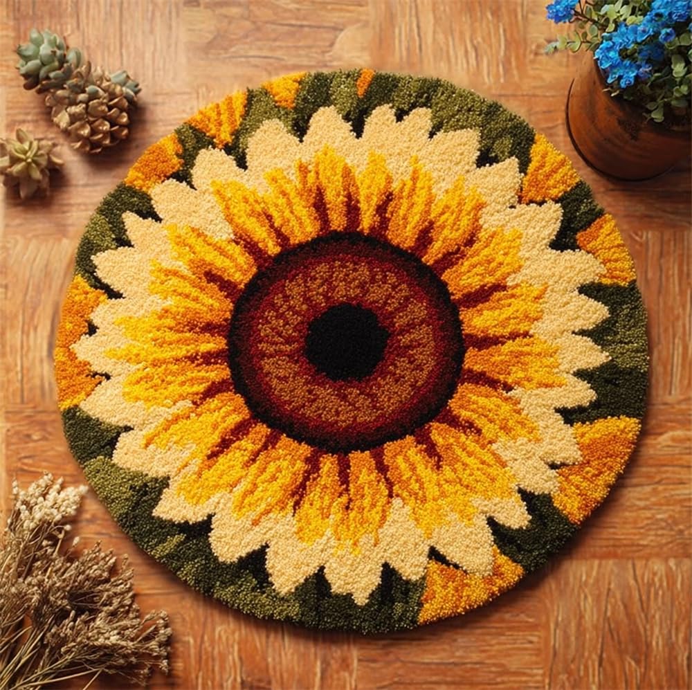kitphoenix DIY Latch Hook Rug Kit for & Adults -Sunflower 20X20Inch (50X50Cm) Cross Stitch Carpet Making Crochet Embroidery Needlework Crafts - Home Decor Project