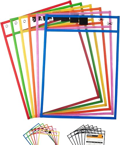 Mr. Pen - Mangas de bolsillo de borrado en seco, 10 x 14 pulgadas, paquete de 6, colorido, plástico, reutilizable, transparente, fundas de aula