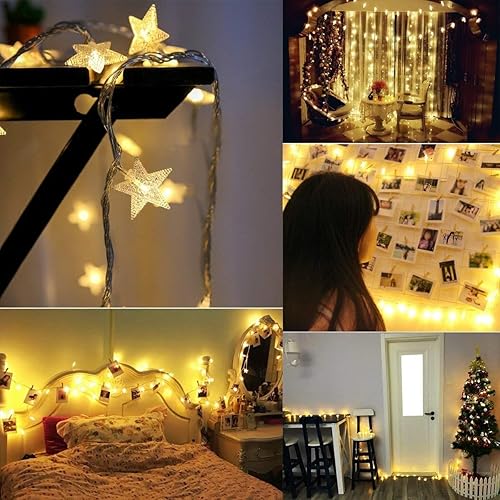 Miniatura 6 de Merdeco Guirnalda de luces de estrella, 16 pies/16.4 ft, 50 luces LED enchufables, luces de hadas blancas cálidas para Navidad, boda, fiesta,