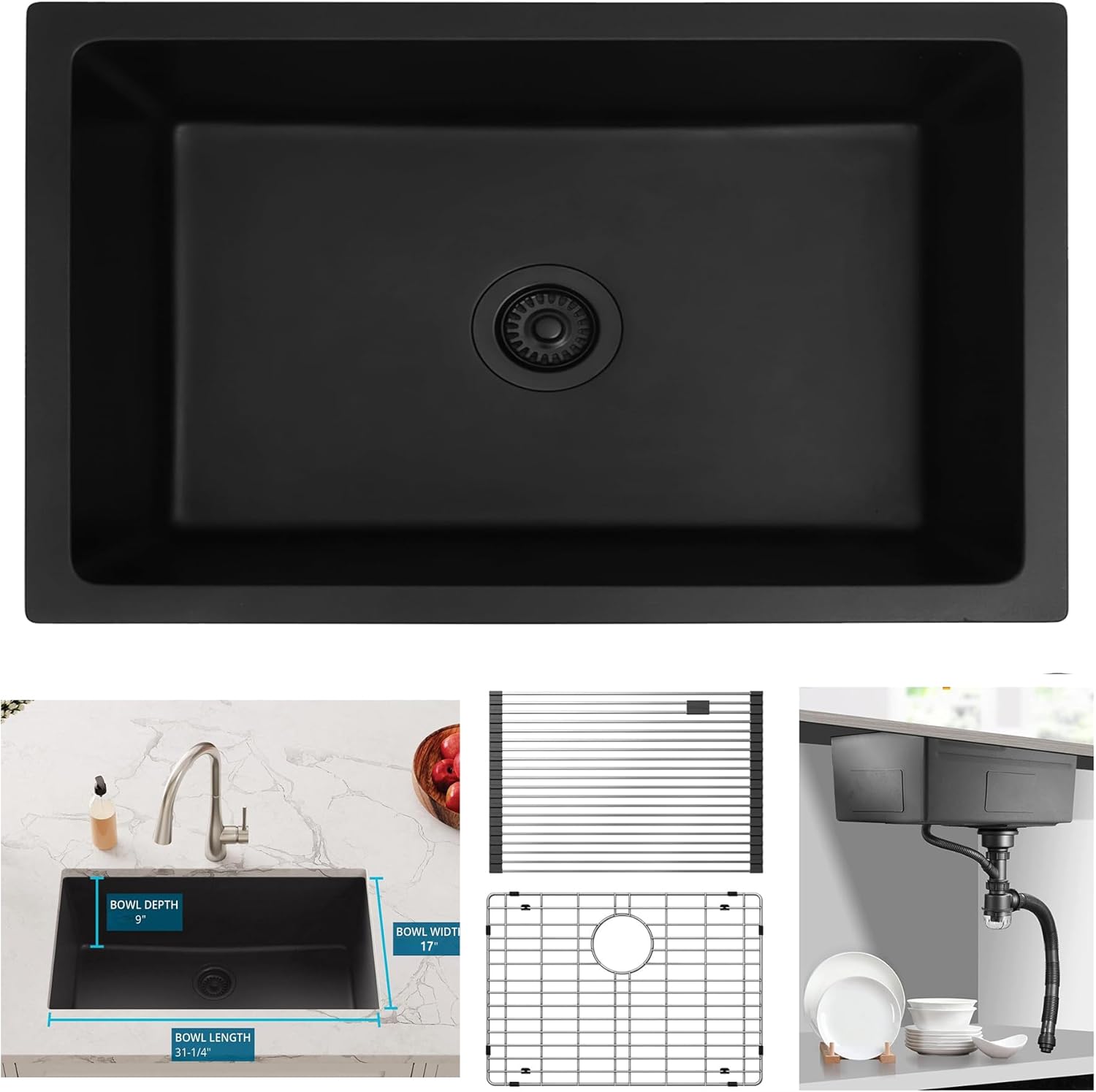 30 Inch Undermount Kitchen Sink, Matte Black Nano Stainless Steel Sink, 16 Gauge Single Bowl Deep Kitchen Sink with Accessories, Modern Quiet Sink for Home Kitchen