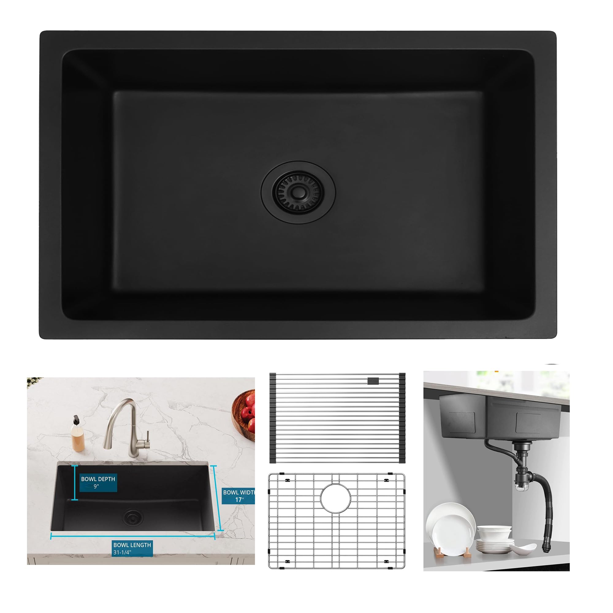 Muiceon Undermount Kitchen Sink, 33 Inch Matte Black Single Bowl