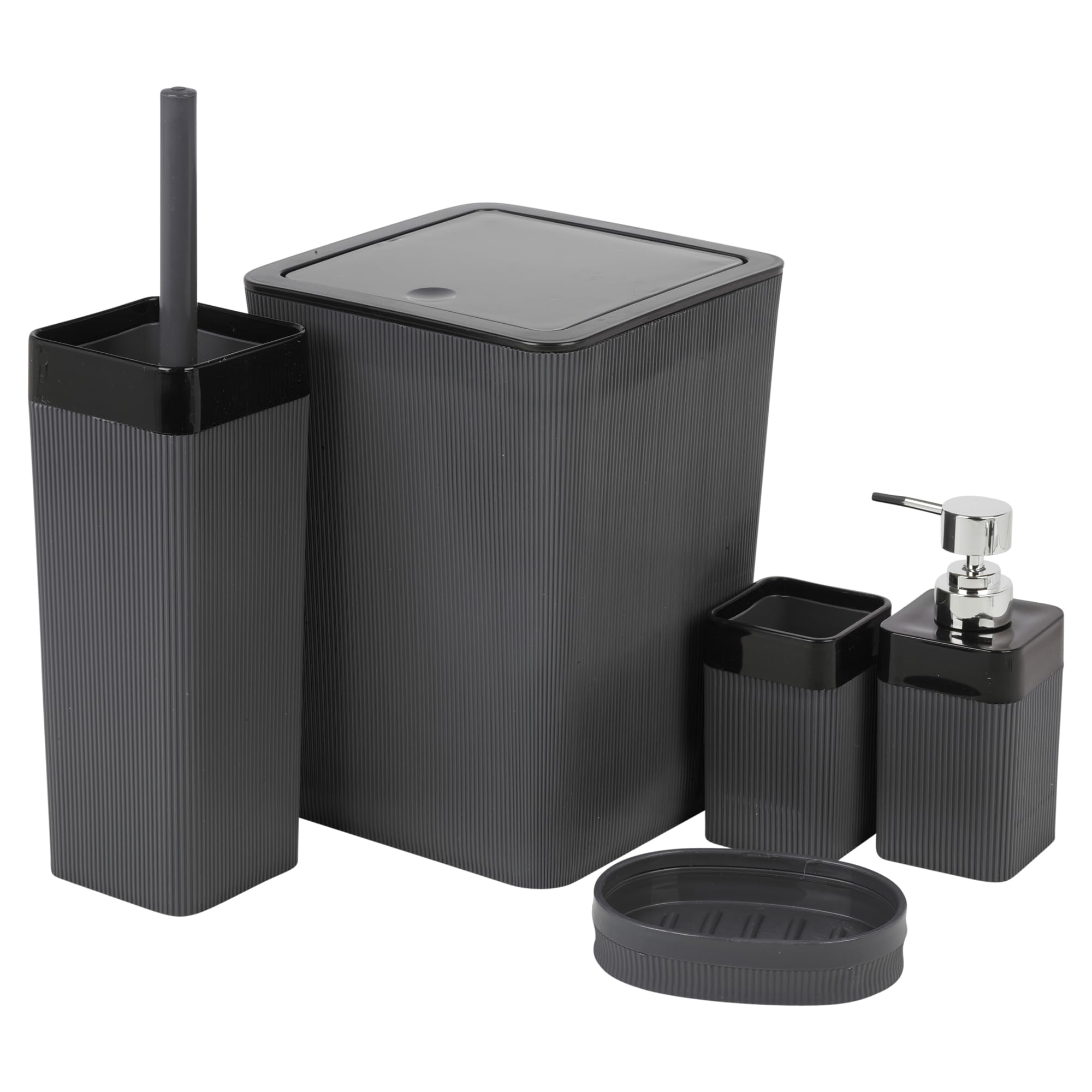 URBNLIVING 5pcs Luxury Plastic Bathroom Accessories Set Beige Grey Modern Bin Soap Dispenser Toothbrush Holder Soap Dispenser WC Brush (Black)