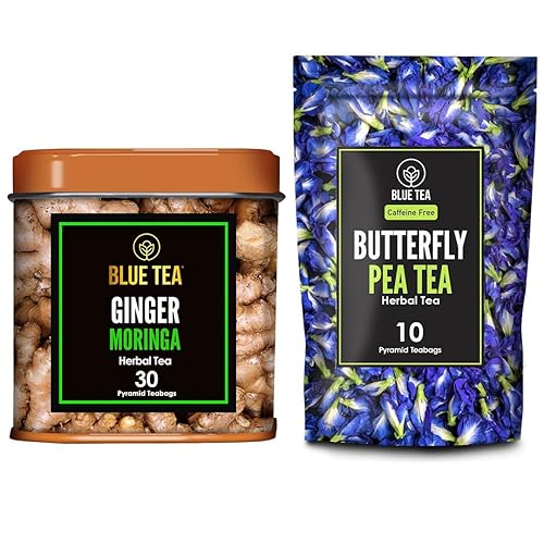 BLUE TEA - Combo - Té de moringa de jengibre (30 bolsas de té) + té de flor de guisante mariposa (10 bolsas de té) - Té de hierbas - Sin gluten -
