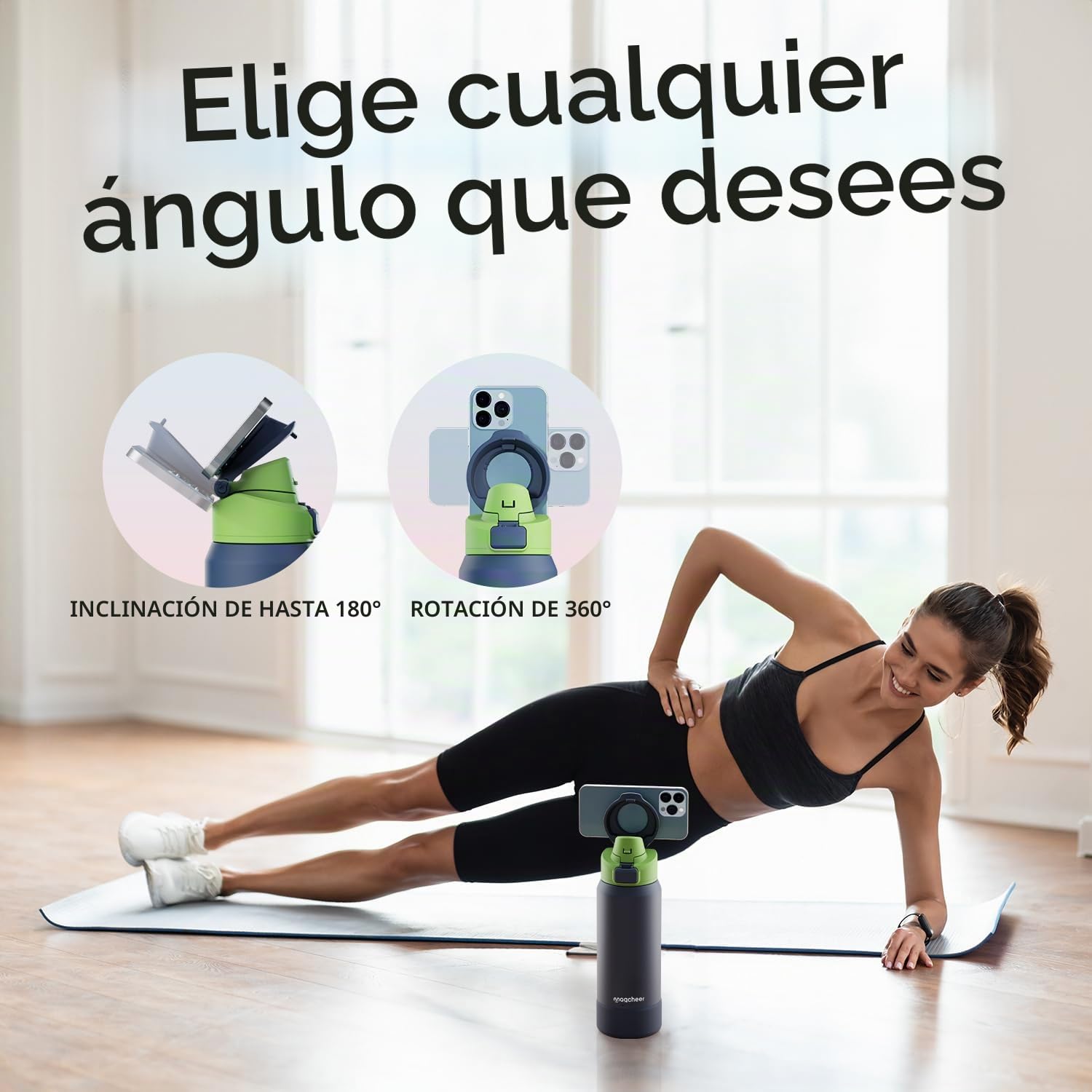 magcheer Botella Magnetica 1L con Soporte Movil | Trípode Multi-ángulos | Sin BPA y A Prueba de Fugas | Botella Termica Frío 24h para Viajes y Selfies de Gym(Azul Oscuro)