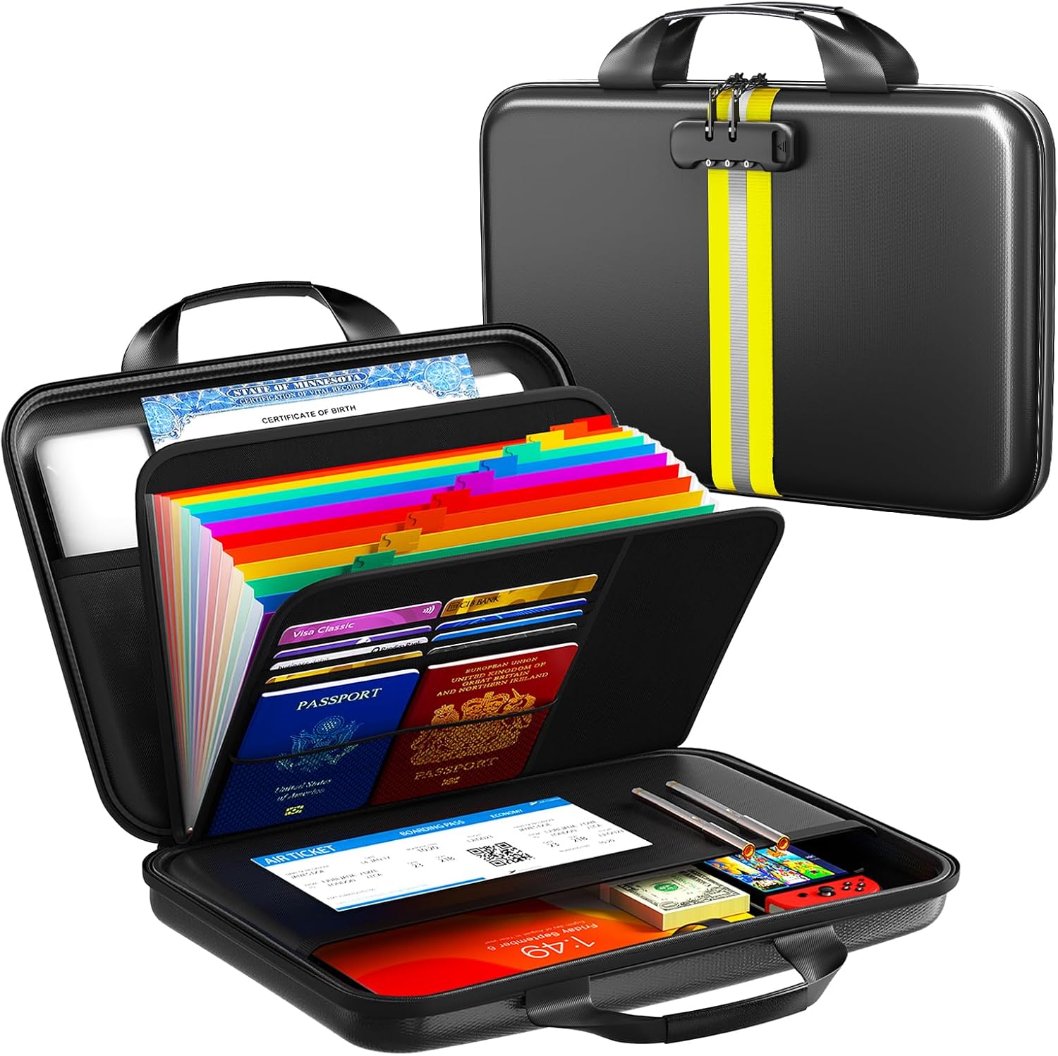 Fireproof Accordion File Organizer with Lock,Hard-Shell Fireproof Document Box with 13 Pockets for Certificates, Passports Laptop Important Documents Portable Home Office Travel Safe Storage