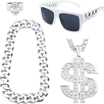 4 Pack 80s 90s Hip Hop Costumes Outfit, Fake Gold Chain Money Chain, Twist Leg Punk Sunglasses, Dollar Sign Finger Ring for Men Women Rapper Accessories Silver