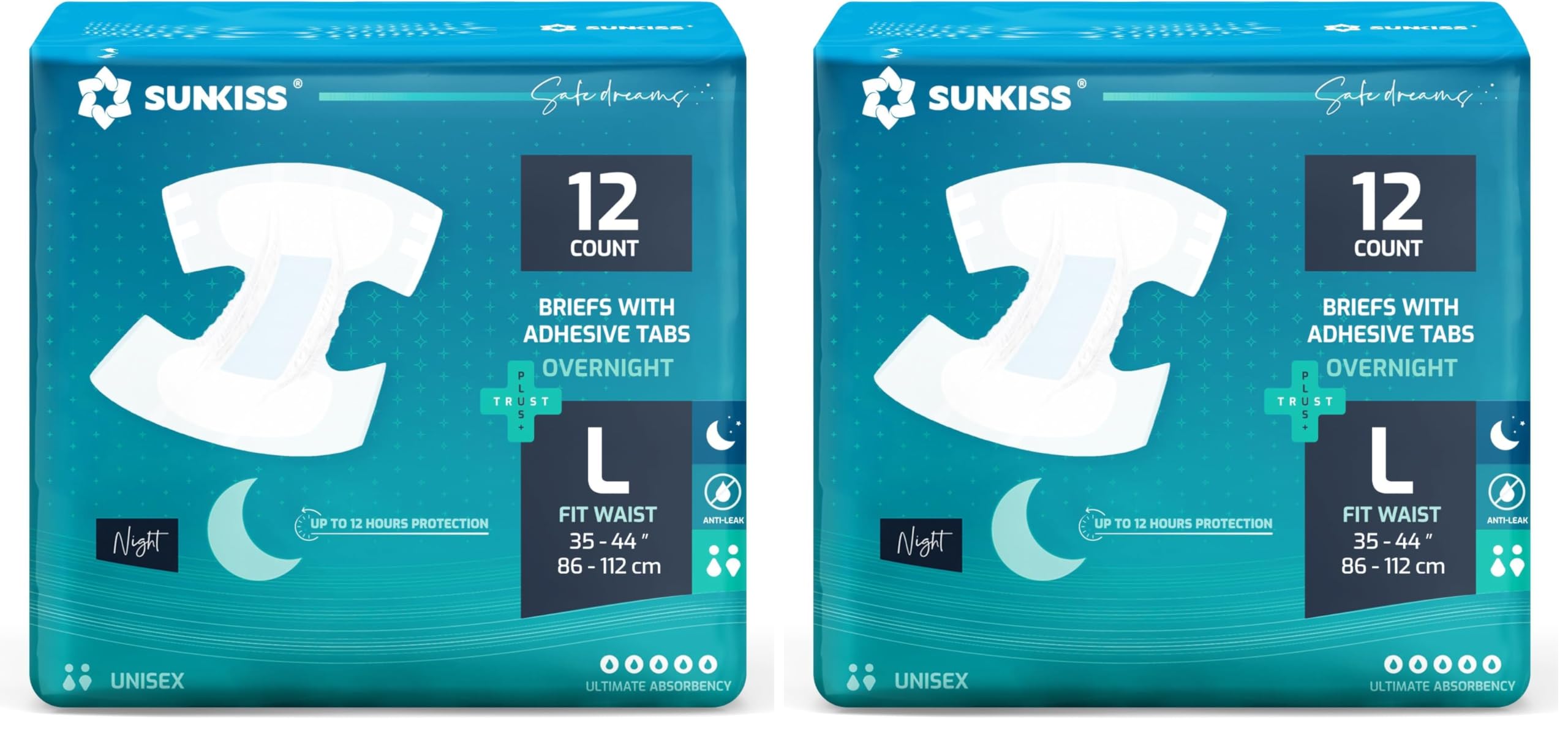 SUNKISS TrustPlus Overnight Adult Diapers with Tabs, Large, 12 Count (Pack of 2)