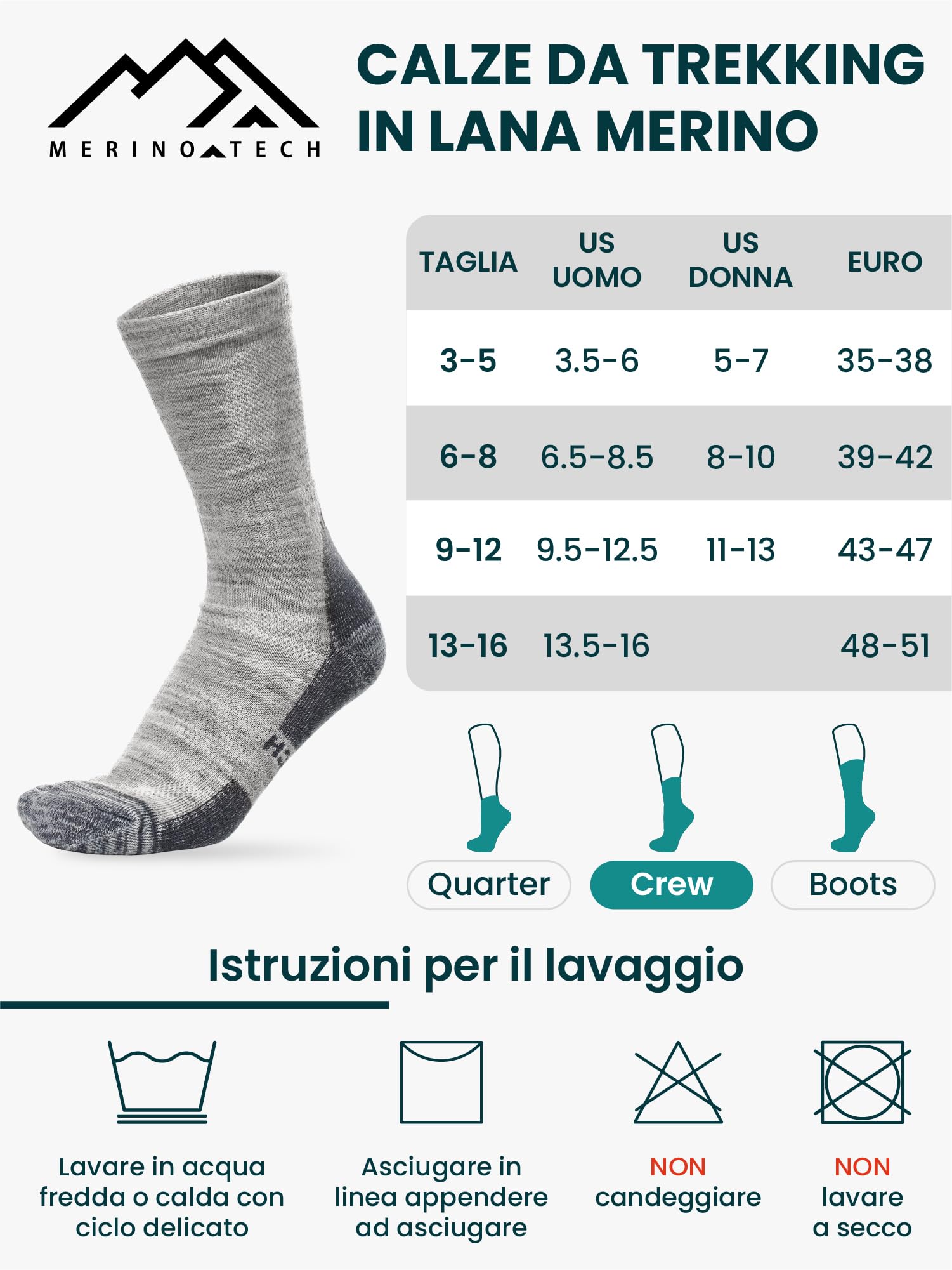Merino.tech Calze Lana Merino Uomo e Donne - Termici Running Trekking | Calzini Stile Crew, Suola Imbottita, Anti-Vesciche, Anti-Odore, Traspiranti, Resistenti, Morbide, Facili da Curare