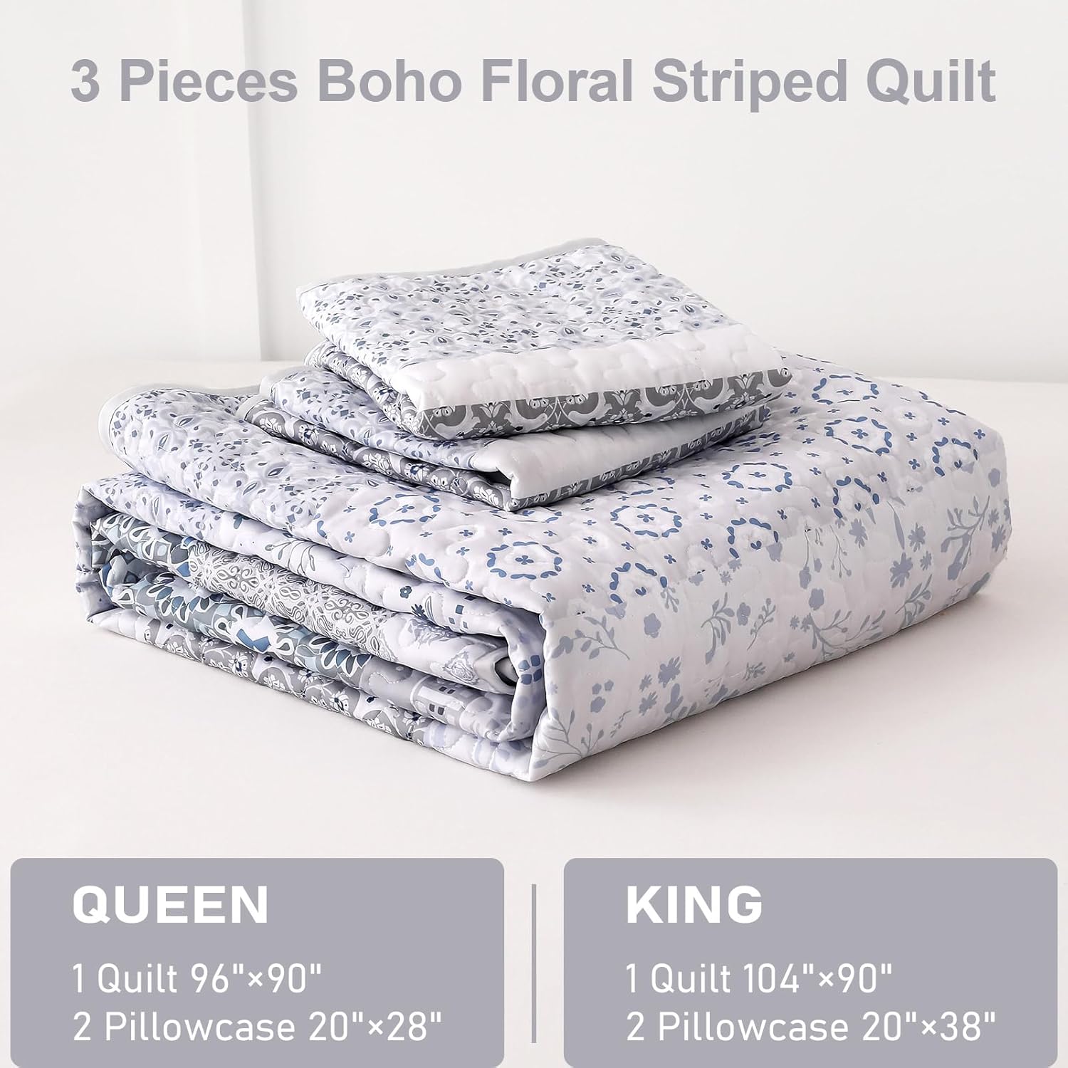 WONGS BEDDING Boho Quilt Set Queen Size,Grayish Blue Bohemian Striped Patchwork Bedspread Set,3 Pieces Microfiber Bedding Set for All Seasons (96"x90") - Image 7