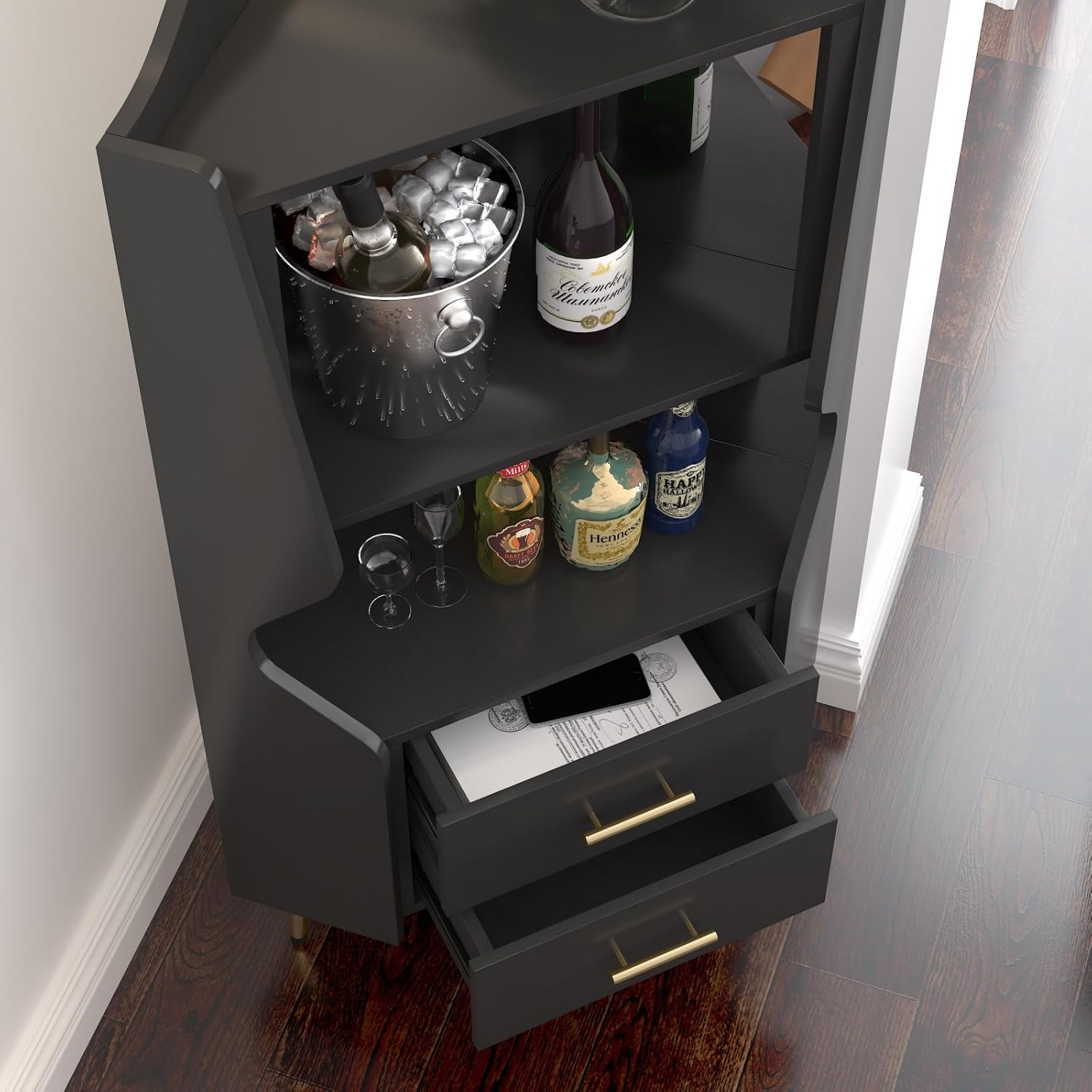 Wooden Corner bar Cabinet with 2 Open Storage Shelves and 2 Drawers, Mirrored Back Sideboard Cabinet, high feet/Legs for Easy Cleaning, Buffet Cabinet Black