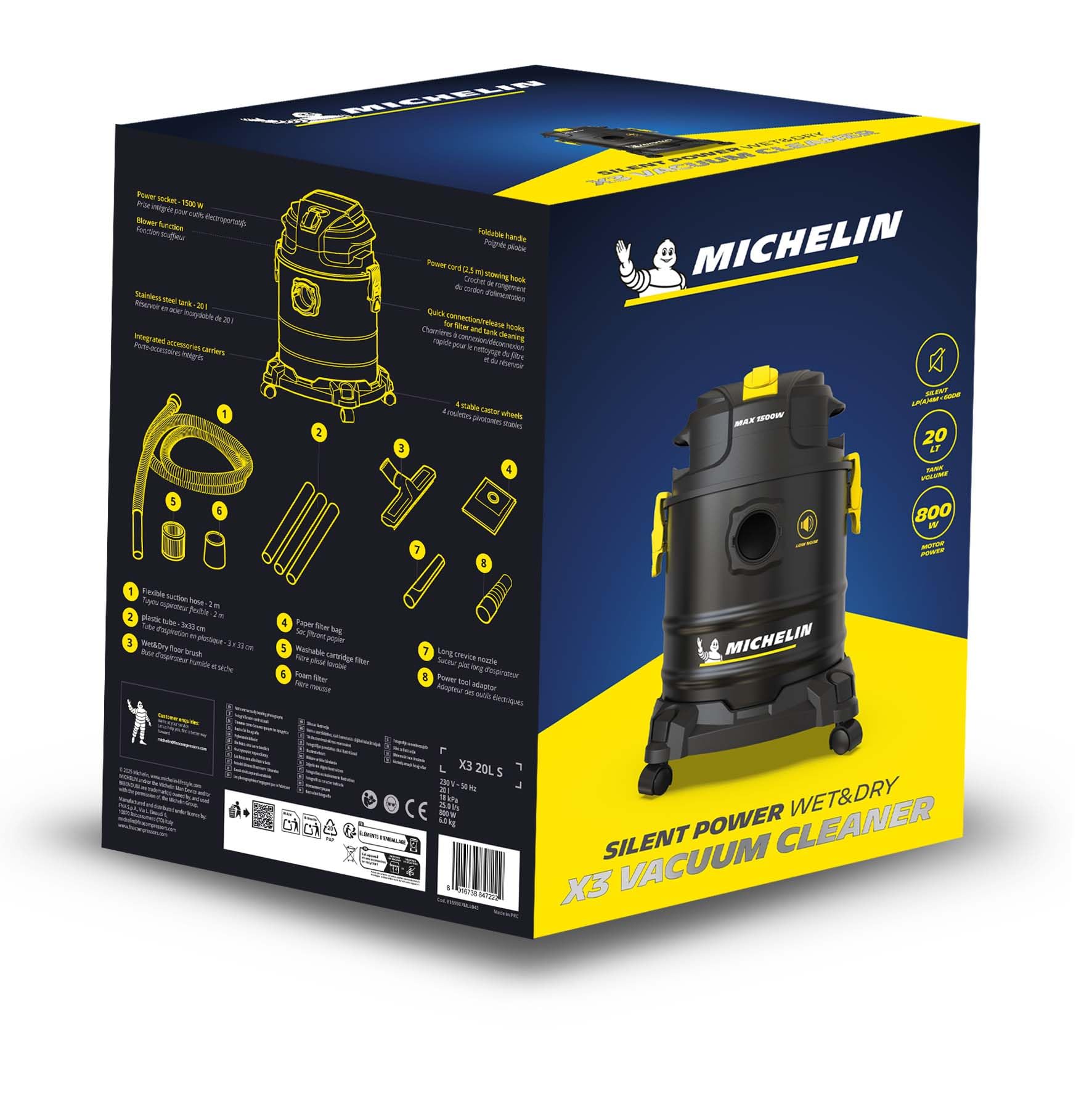 MICHELIN, Aspiratore Solidi e Liquidi, X3 20L S, Gamma SILENZIOSA, Serbatoio in Acciaio da 20 L, con Presa Elettroutensili, 800 W, Completo di Accessori, Funzione di Soffiaggio, 18 kPa