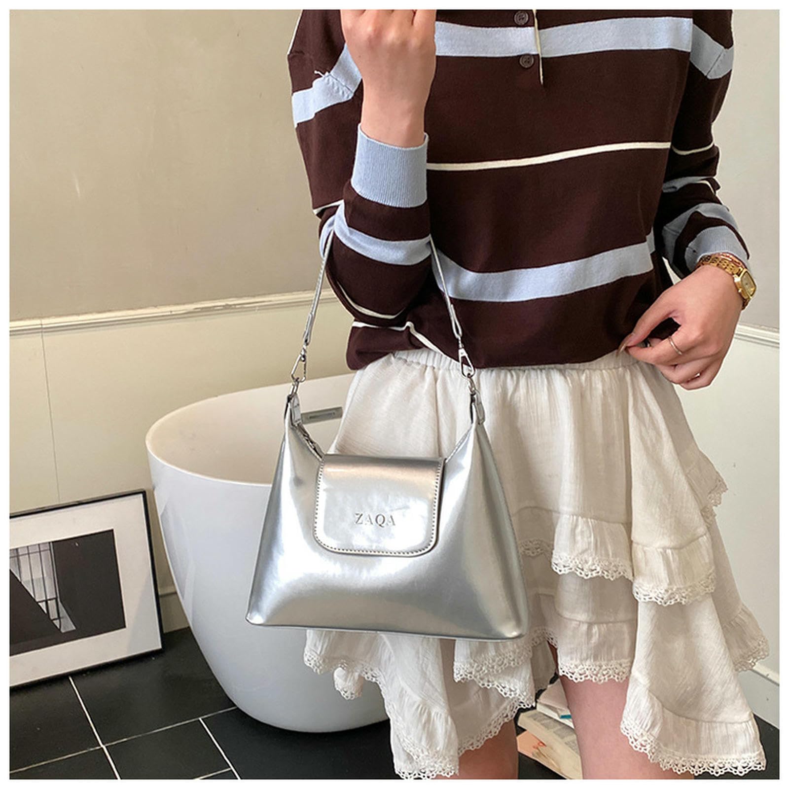 Damentaschen Damen Lackleder Eimer Tasche, Eine Modische Und Trendige Schulter- Crossbody Tasche -白色