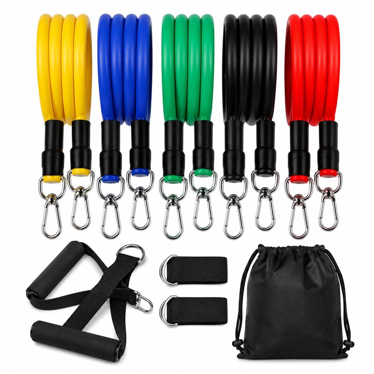Albert Austin Set of 5 Exercise Bands Resistance Bands Set with Carabiner Clips Attachment 2 Ankle Straps 2 Foam Handles and Carry Bag Durable Flexible Natural Latex Bands for Men Women Fitness