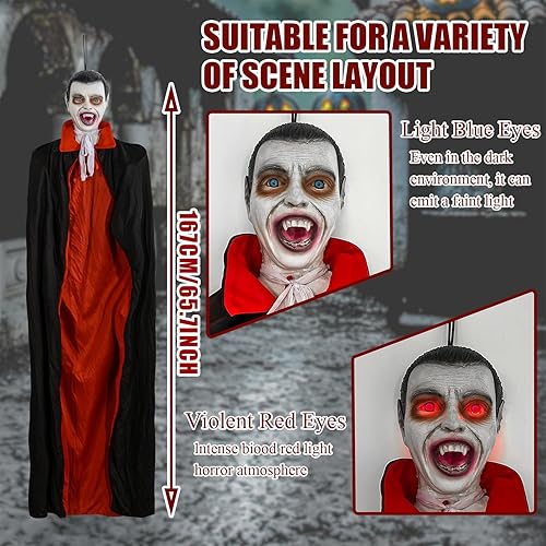 Miniatura 2 de Decoraciones de fantasmas de Halloween, fantasmas colgantes animados de vampiro zombi con activación de sonido y ojos de luz roja, accesorio de