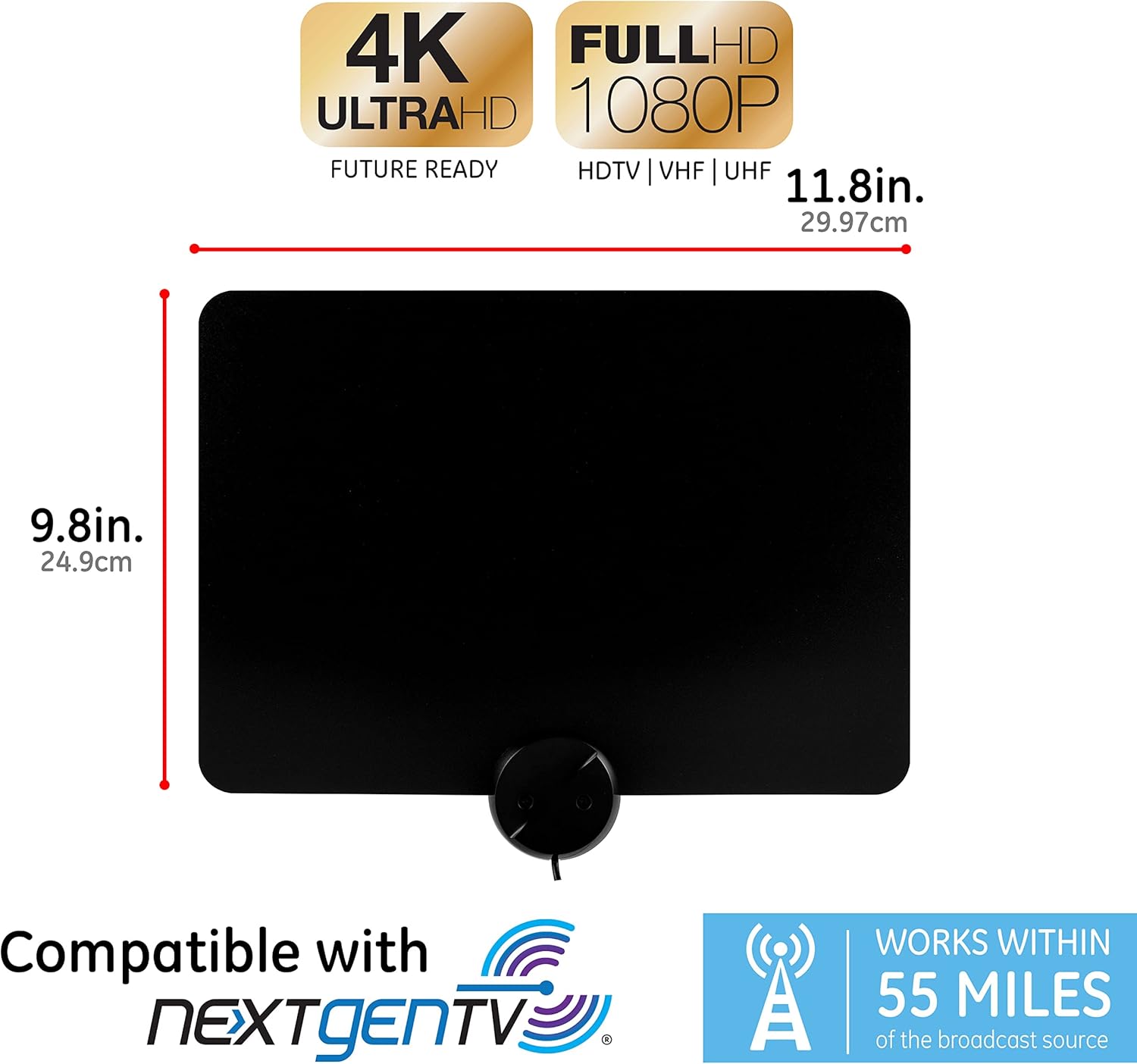 GE Ultra-Thin Amplified TV Antenna, 4K Ready 1080P Digital HDTV UHF VHF, Long Range Indoor TV Antenna, Amplifier with LTE Filter, Reversible Black/White Finish, 48862
