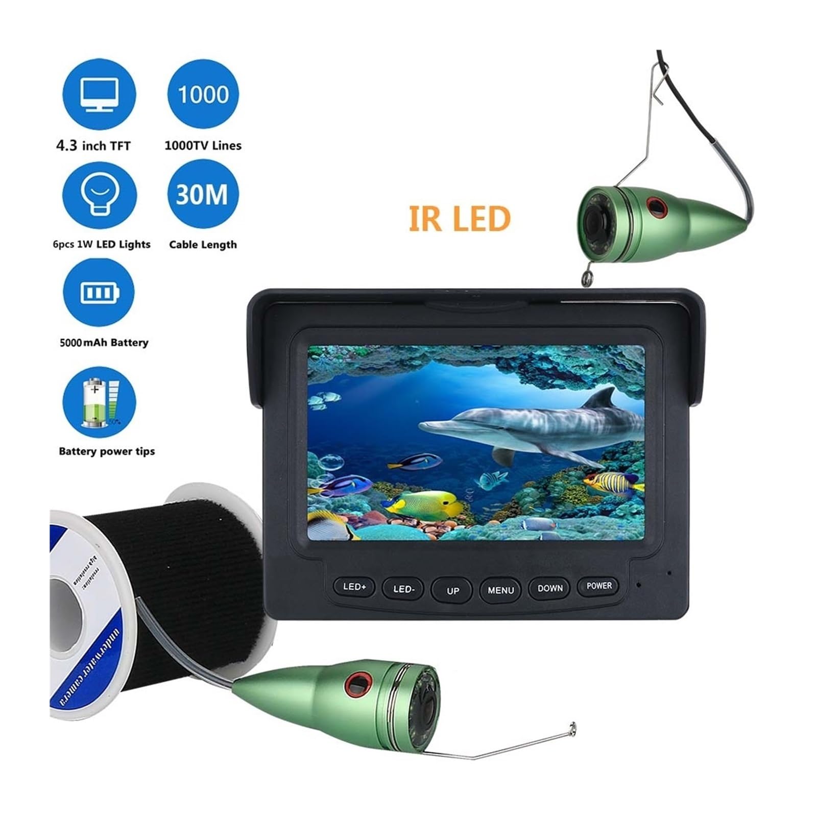 Buscador de Peces, Buscador de Peces portátil con Monitor LCD IPS 4,3 Pulgadas y 6 cámaras Pesca visión Nocturna LED for submarina en Hielo Invierno(30m Cable)