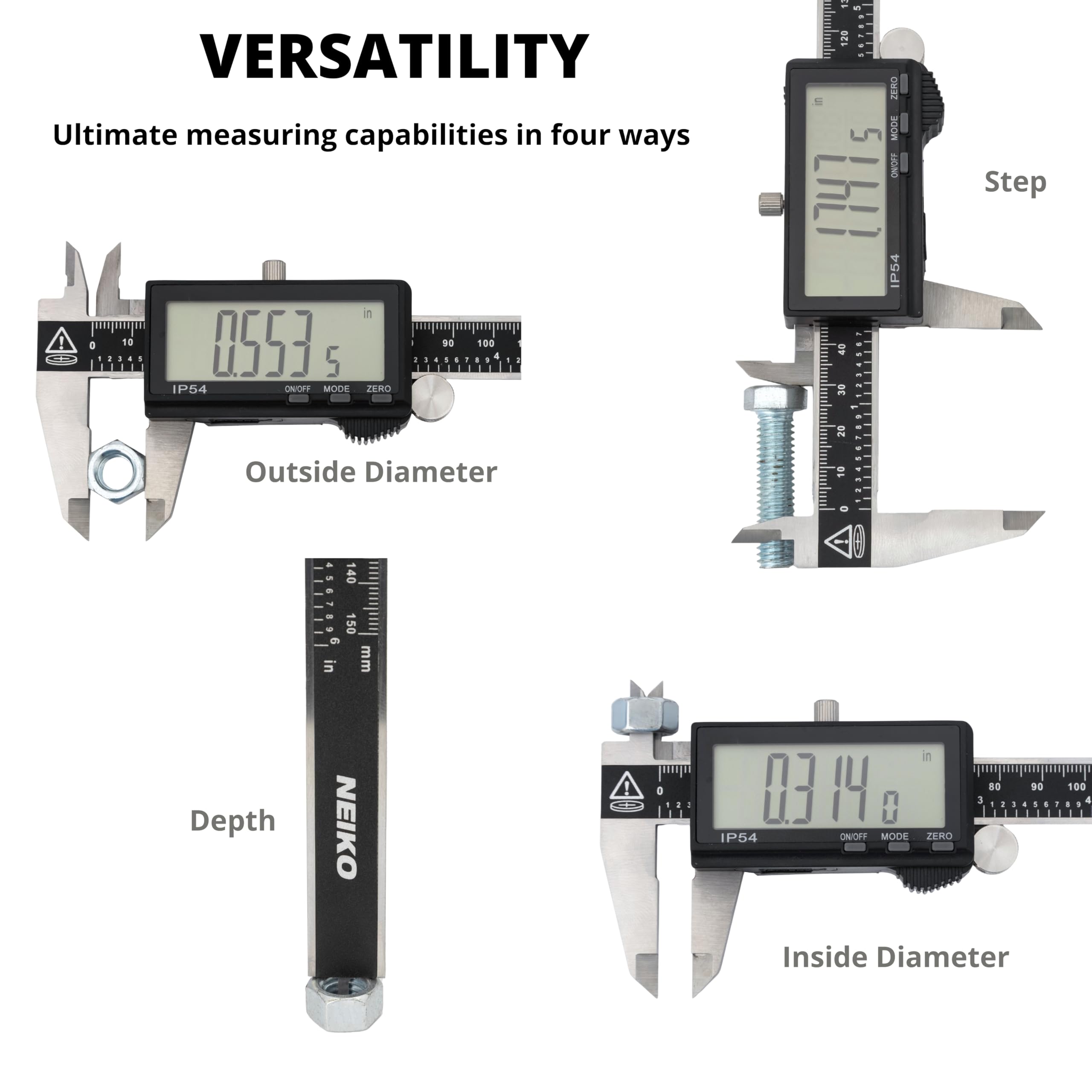 NEIKO 01401A 6 Electronic Digital Caliper Stainless Steel Extra Large LCD Screen Measurement Conversions for Inches, Millimeters and Fractures