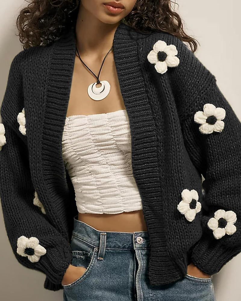 Womens 3D Flower Cardigan Sweater Y2k Open Front Shrug
